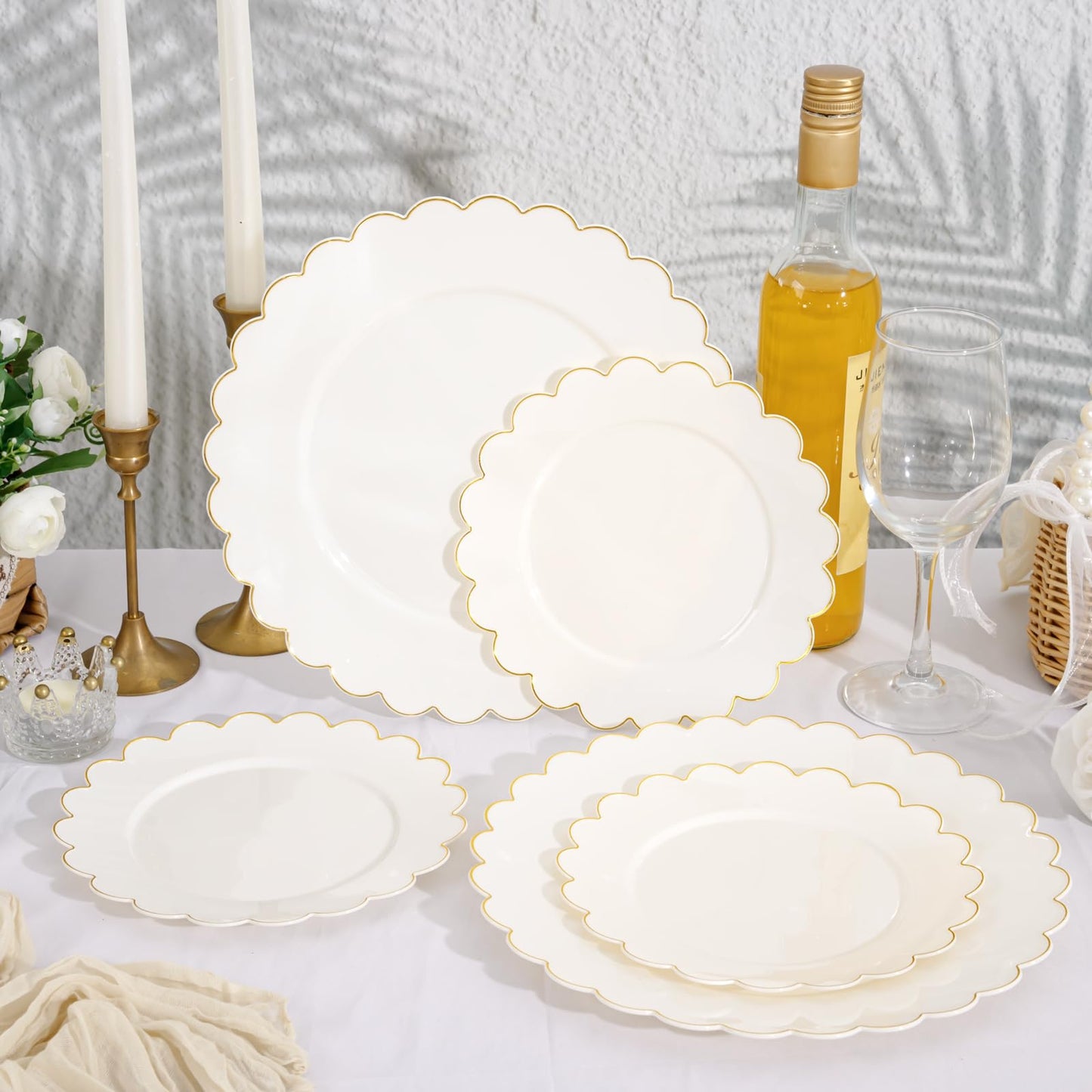 LIYH 120 Pcs Ivory Scalloped Plastic Plates Disposable - Ivory and Gold Plastic Plates - Gold Fancy Disposable Party Dinner & Dessert Plate for Wedding Birthday