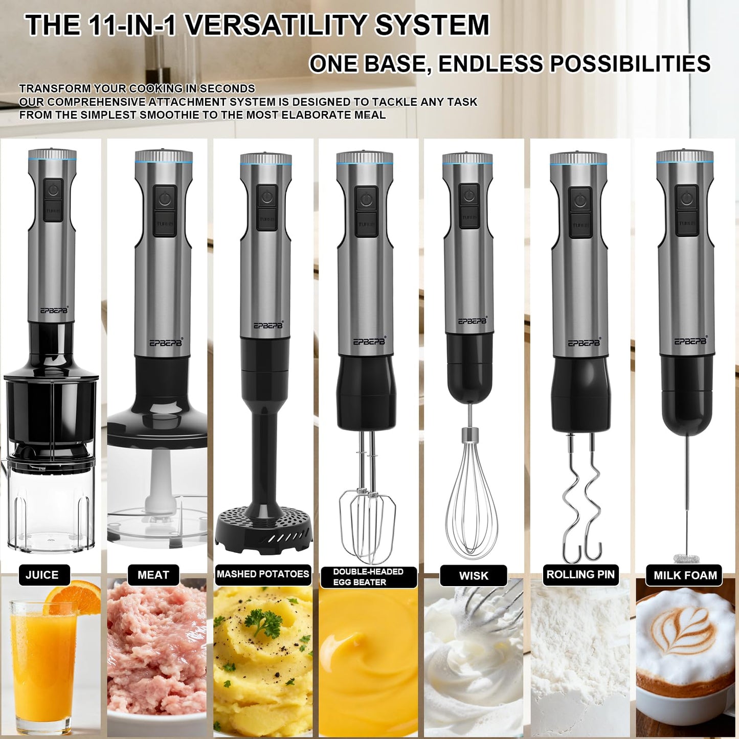 Handheld Immersion Blender Bundle, 1000W Powerful 12-in-1 Set for Smoothies,Orange Juicer,Minced meat,Milk frother,Egg Beater, Dough Hook, Vegetable Chopper, Potato Masher
