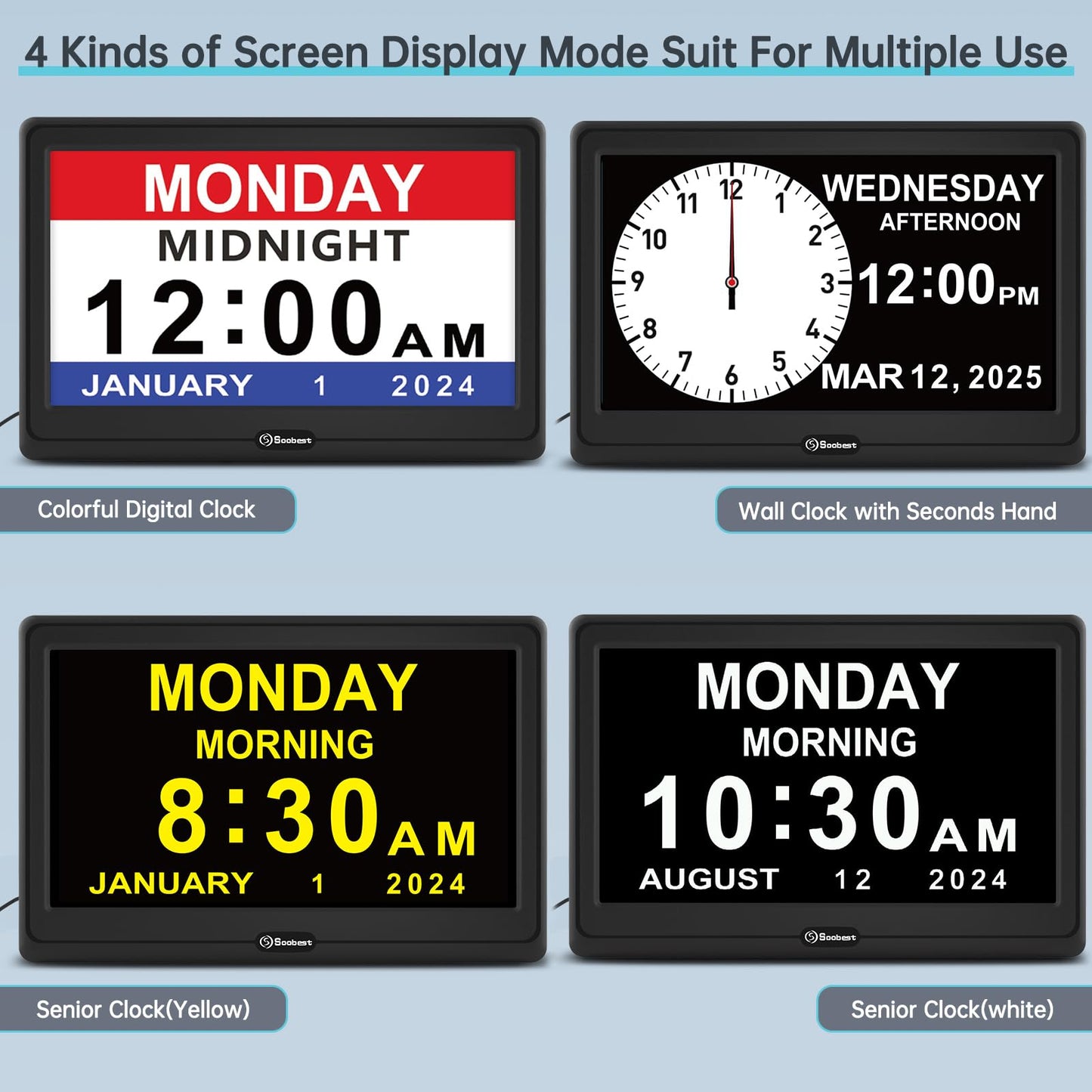 Soobest 12” Dementia Digital Clock for Seniors Extra Large, 20 Alarm Reminders Date Day Time Display for Elderly Memory Loss Alzheimers, Electric Calendar Clock, Auto DST, 1024 * 600P HD