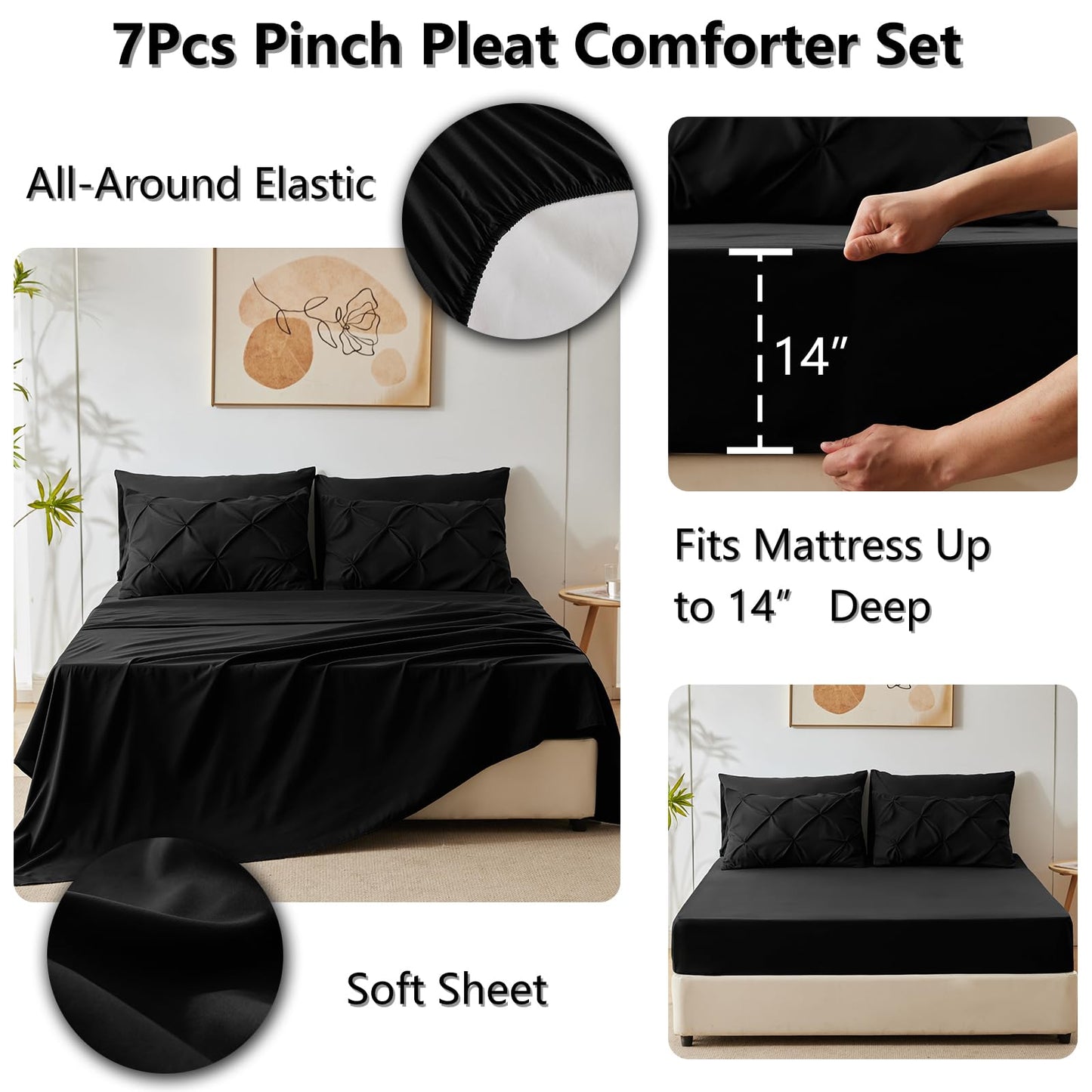HIMEET Queen Comforter Set Black - 7 Pieces Pintuck Bed in a Bag, Pinch Pleat Modern Room Decor, All-Season Soft Bedding Gift with Comforter, Sheets, Pillowcases & Shams