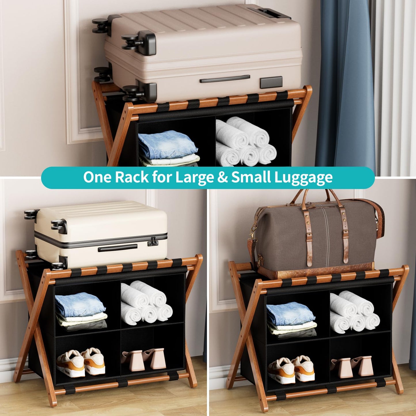 MHACVVO Bamboo Luggage Rack with 4 Storage Compartments, Foldable Suitcase Stand for Guest Room, 150lbs Capacity, Sturdy, Space-Saving and Easy to Assemble Organizer