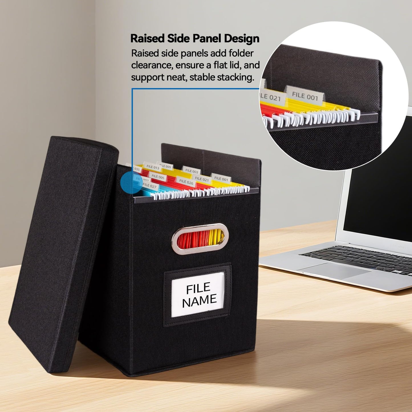 ComfortKeeper 4 Pack Hanging File Folders Organizer with Lid, Letter Size Fabric File Storage Box Collapsible, Portable Office Document Holder with Metal Handle, Smooth PVC Rails, Black