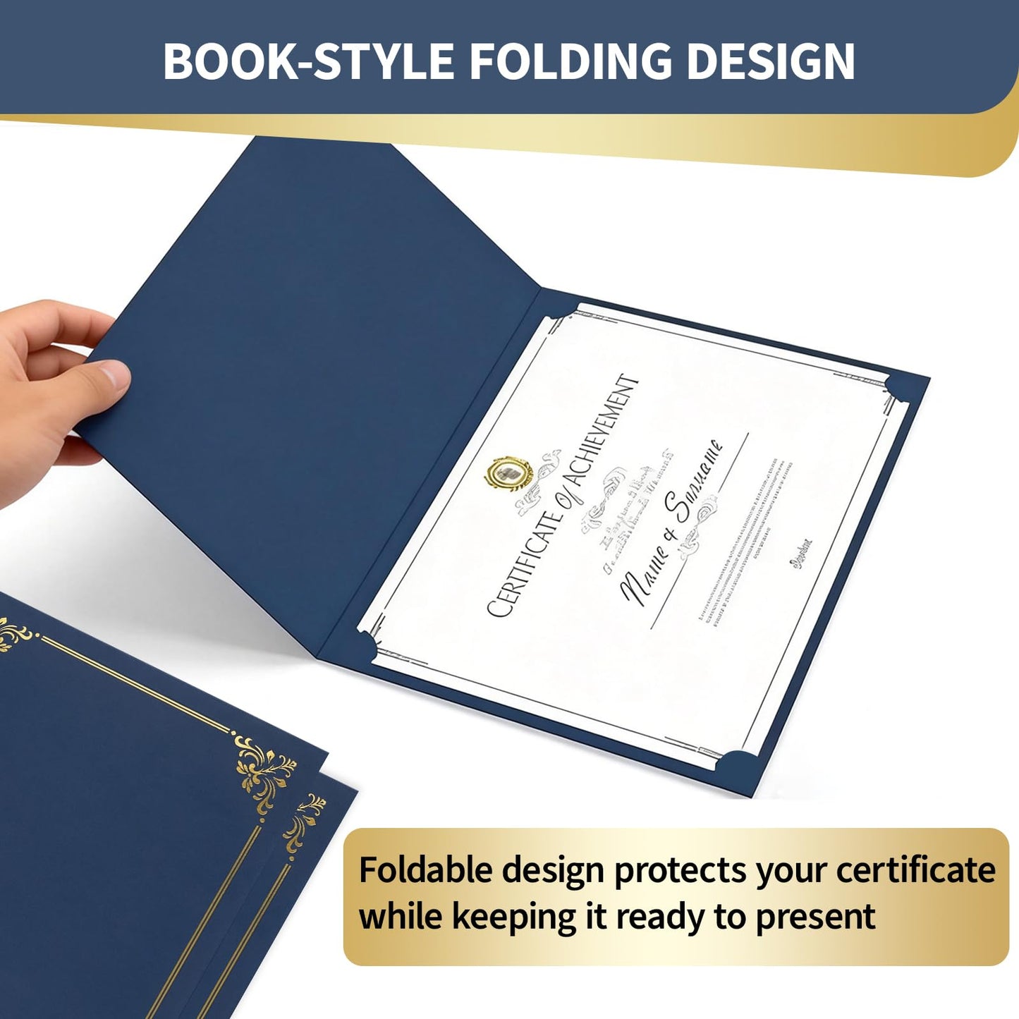 Binditek 50 Pack Certificate Holders, 350GSM Navy Blue Certificate Covers with Gold Foil Border, Diploma Folders for 8.5 x 11 Certificates, Awards, Graduation, School and Office Use