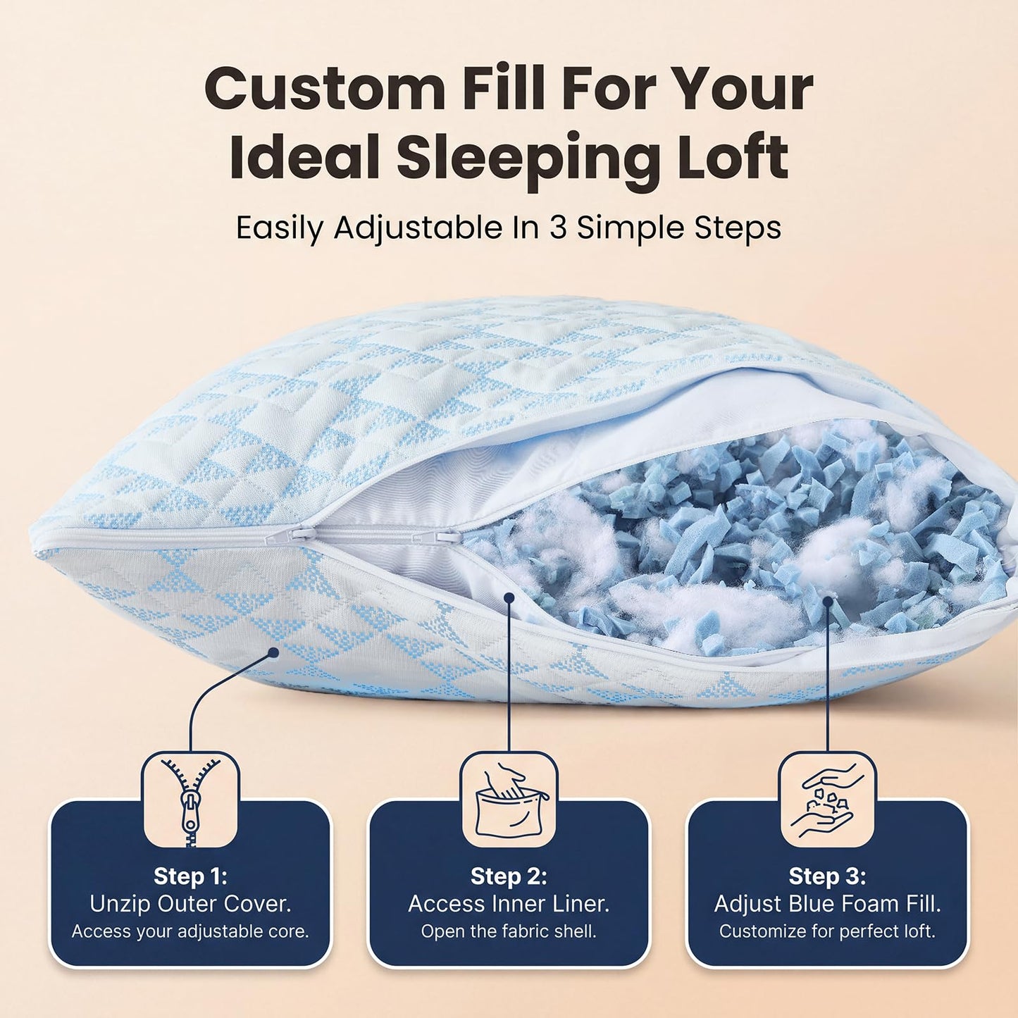 Alkyonos Shredded Memory Foam Pillows for Sleeping, Adjustable Firm Pillow for Side, Back and Stomach Sleepers, Very Soft ＆ Warm for Winter ＆ Spring, Queen Size Set of 2