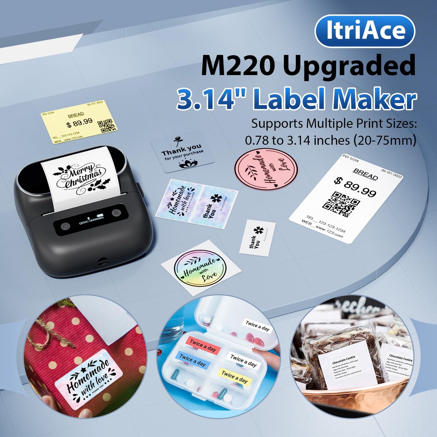 ItriAce M220 Wireless Label Maker Portable Address Printer for 0.78 to 3.14 Inch Labels, for Home Office and Small Business Organization, Compatible with iPhone Android and PC, with 40x30mm Label