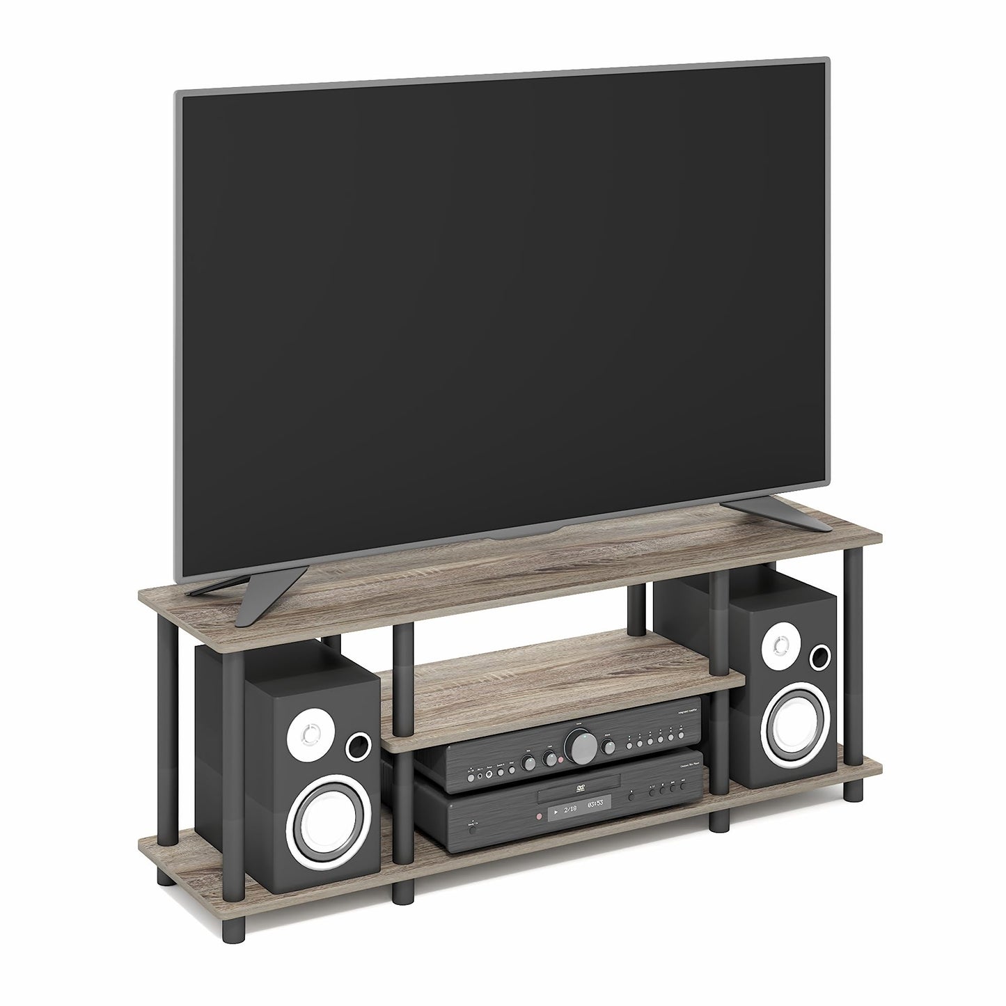 Furinno Turn-N-Tube No Tools 3D 3-Tier Entertainment TV Stand up to 50 inch TV, Round Tubes, French Oak Grey/Black