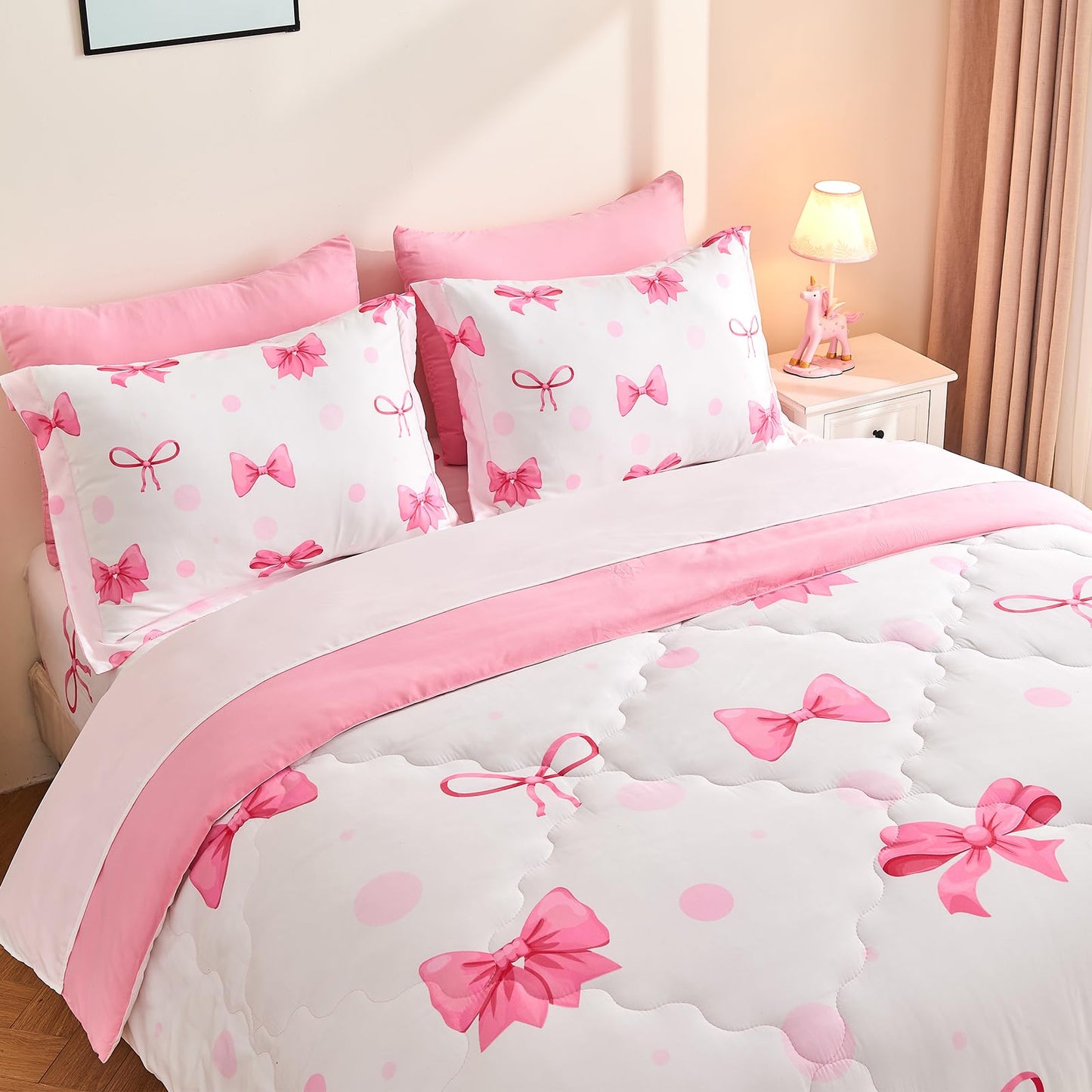 Wajade 7 Piece Pink Bow Bedding Set for Girls Kids Twin Size Comforter Set with Sheet and 2 Pillowcases 2 Pillow Shams Cute Girls Bed in a Bag as Birthday Choice