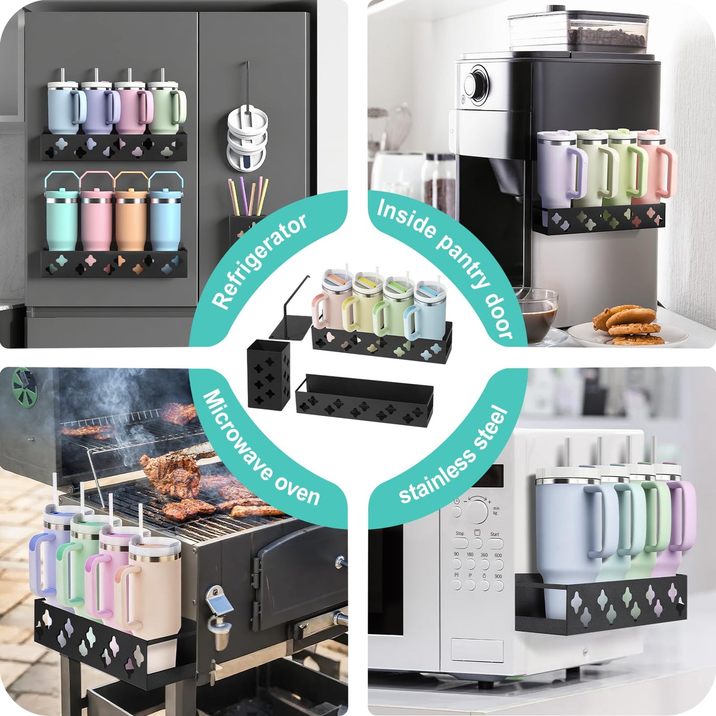 Magnetic Water Bottle Organizer for Fridge, Magnetic Cup Holder for Stanley 30 40 Oz with Tumbler Lid & Straw Organizer, 8 Tumblers Kitchen Storage Rack for Stanley Cup Accessories, Space-Saving
