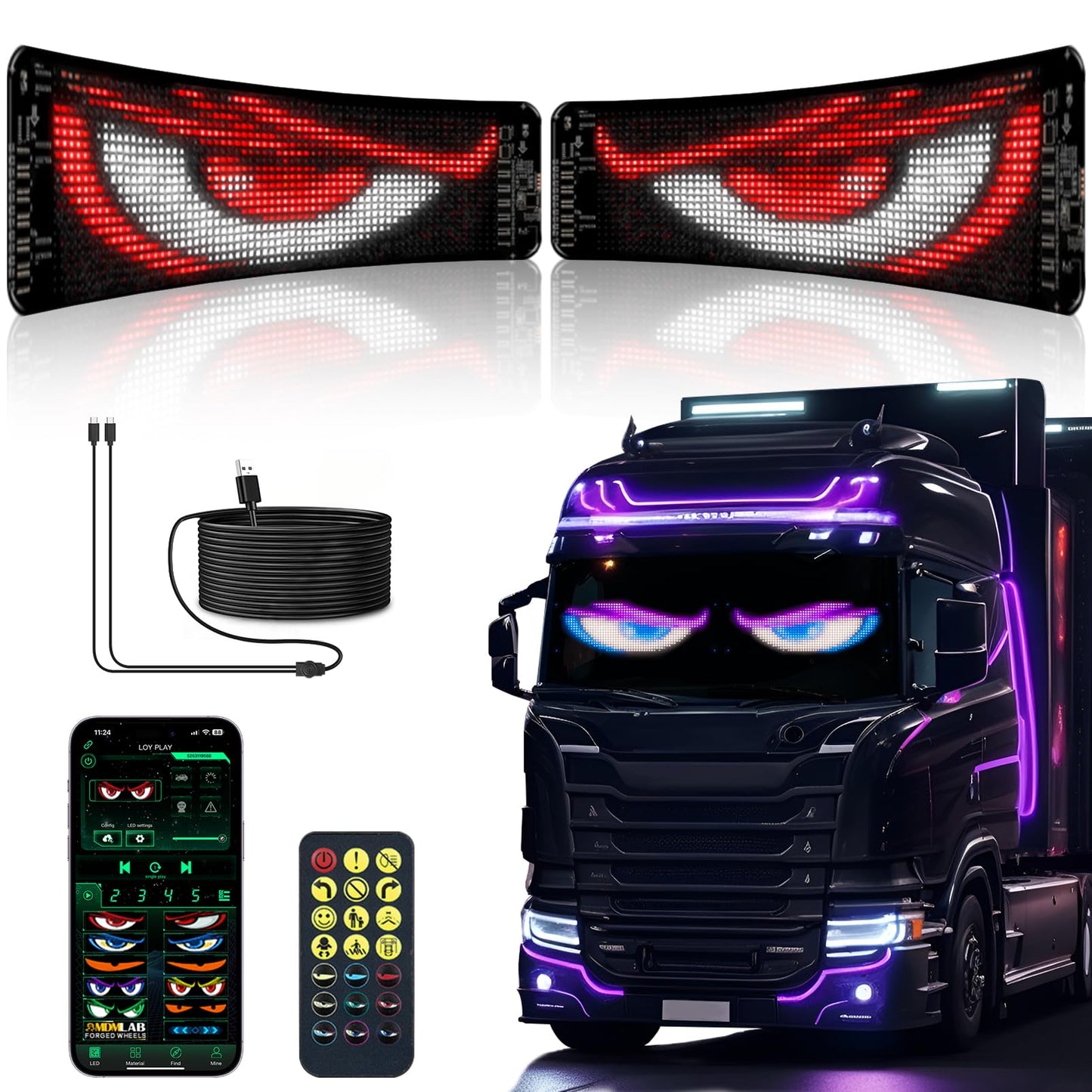 Untrxr 2pcs Devil Eyes Light for Windshield,14“*4”Programmable Flexible LED Display with Remote/App Control,Custom Animations, Patterns & Text,for Store、Cars、 Trucks