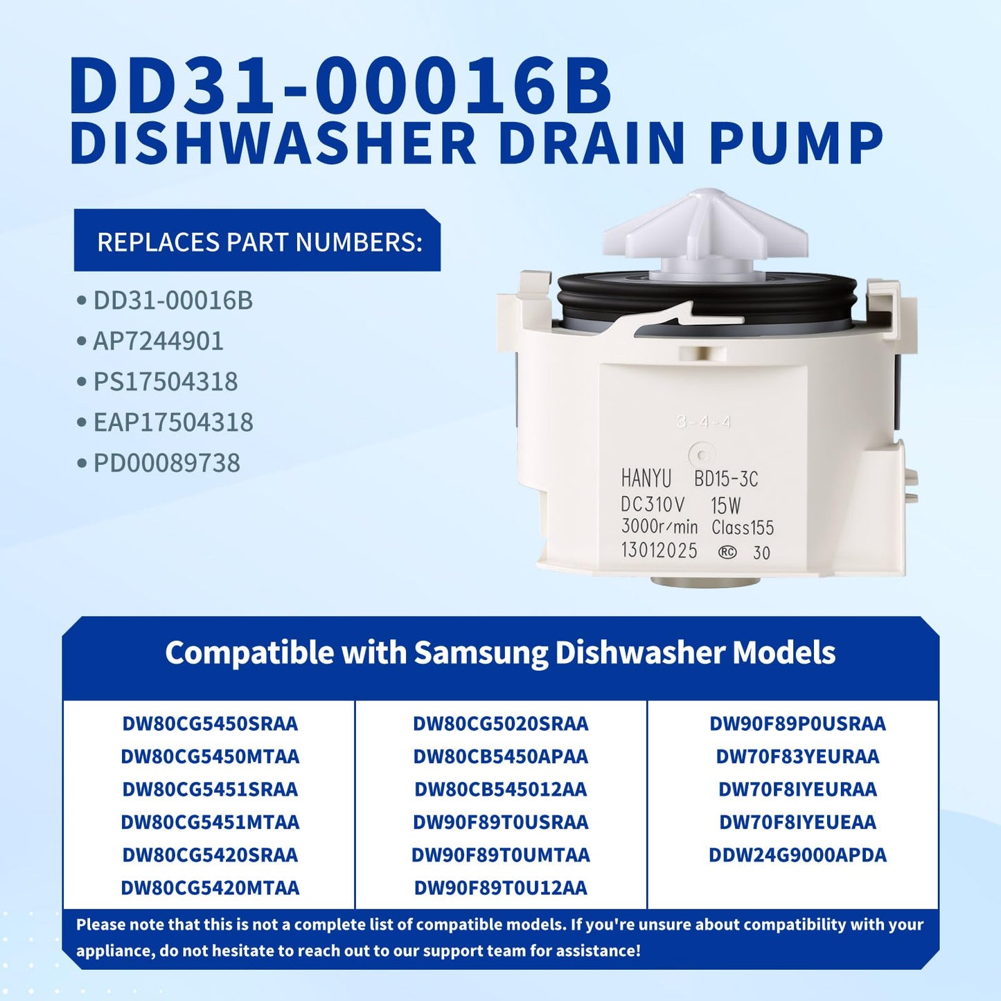 DD31-00016B BD15-3C Dishwasher Drain Pump Fit for Sam-sung DW80CG5450SRAA DW80CG5450MTAA DW80CG5451SRAA DW80CG5451MTAA DW80CG5420SRAA DW80CG5420MTAA DW80CG5020SRAA DW80CB5450APAA DW80CB545012AA