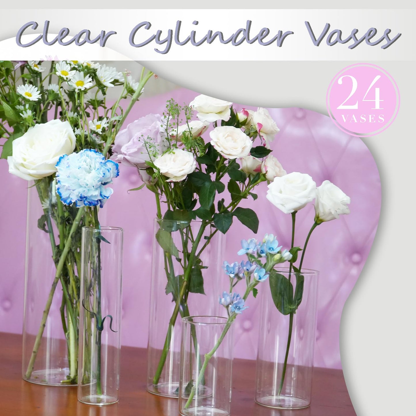 Wehomai 24pcs Glass Cylinder Vases for Centerpieces,Clear Flower Vases for Wedding Decorations and Indoor Home Decor, Hurricane Candle Holder for Table Shelf, Party