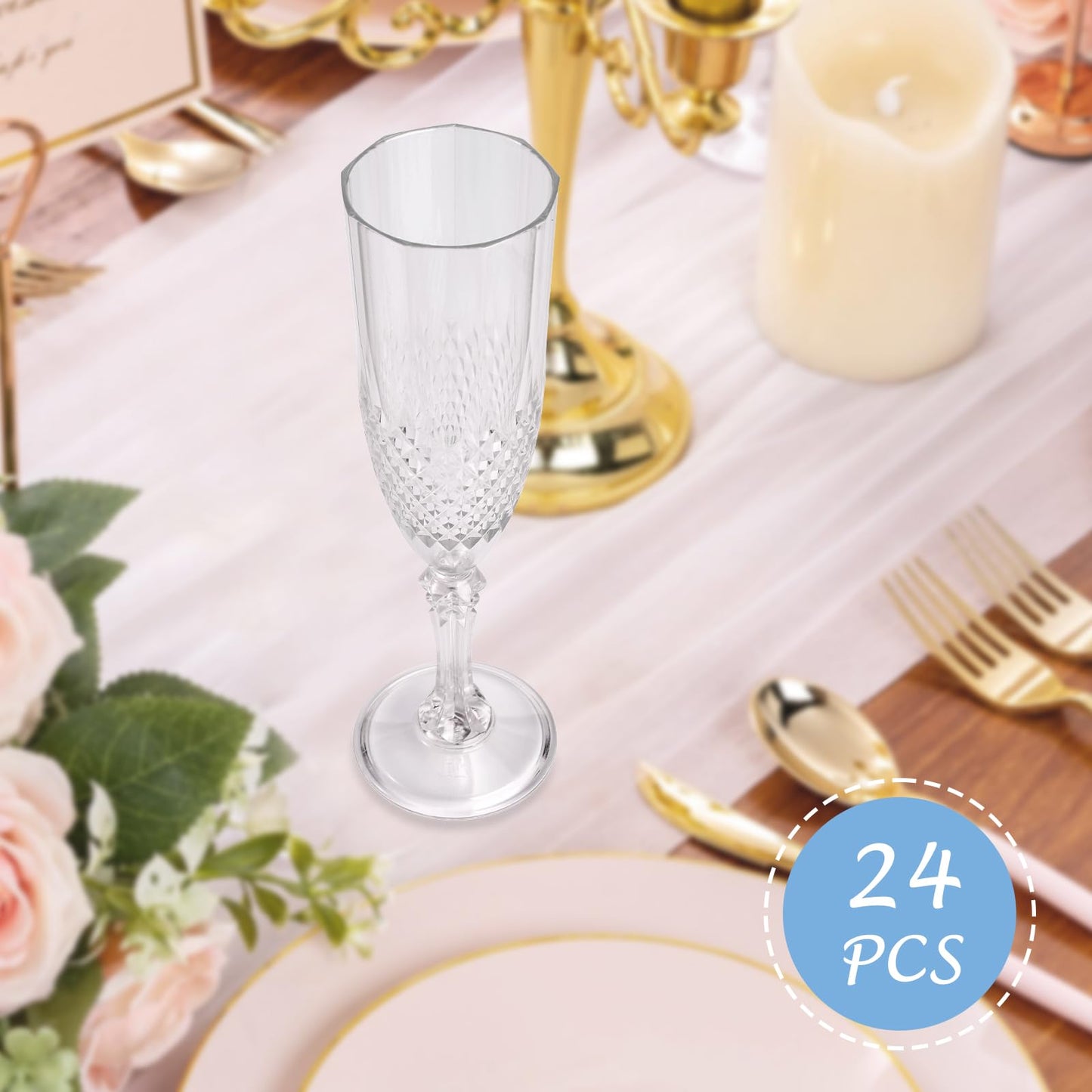 CHICERA 24 Pcs Plastic Champagne Flutes,White Champagne Glasses Bulk, Made of Durable Plastic Material Can be Used for Weddings, Everyday Fun Parties and More!