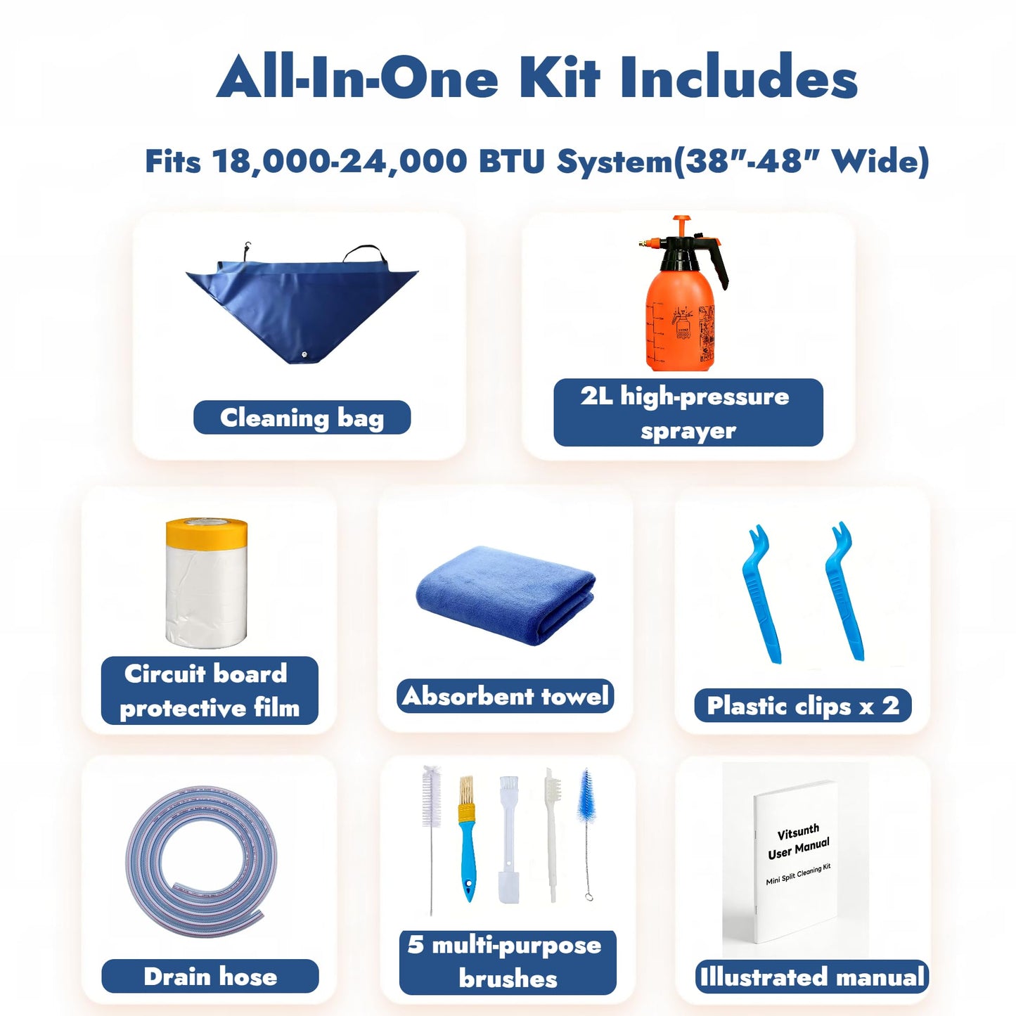 Vitsunth Complete Mini Split Cleaning Kit Bag with Sprayer for 18,000-24,000BTU / 38in-48in Ductless Split Unit Minisplit Cleaning Kit with Waterproof Wash Cover Bib and User Manual