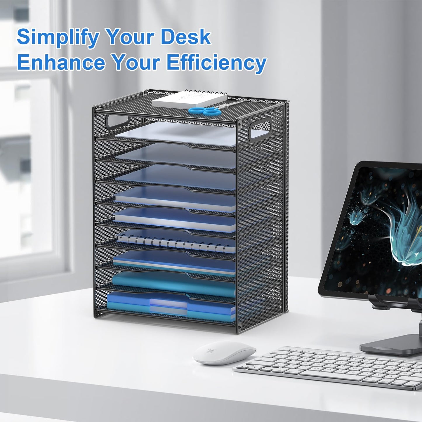 OUTWOLF 10 Tier Paper Organizer - Letter Tray Mesh Desk File Organizer with Handles for Office School Desktop, Black 2 Pack