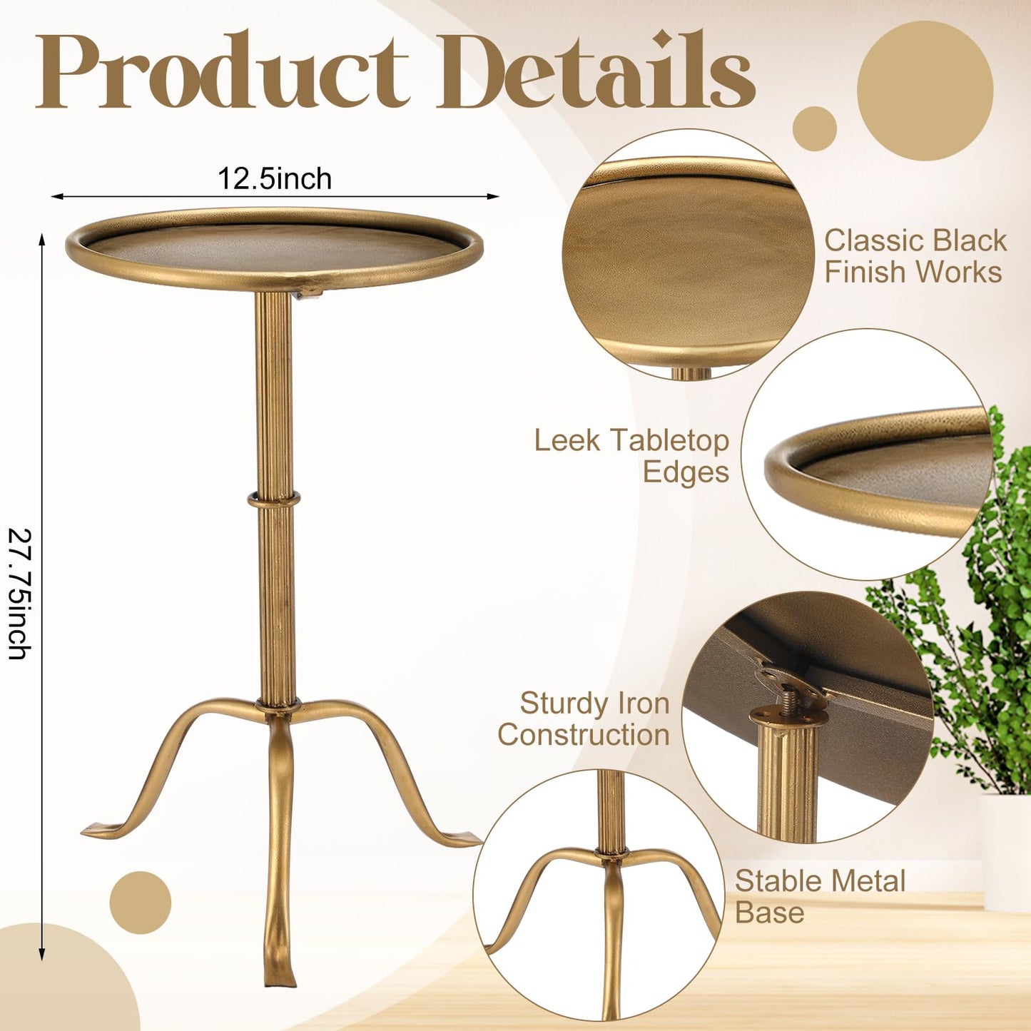 RattanView 1 Pcs Metal Martini Table Bronze Small Round Drink Table12.5 x 12.5 x 27.75 Inches Pedestal Iron Side Tables for Small Spaces Bedroom Living Room