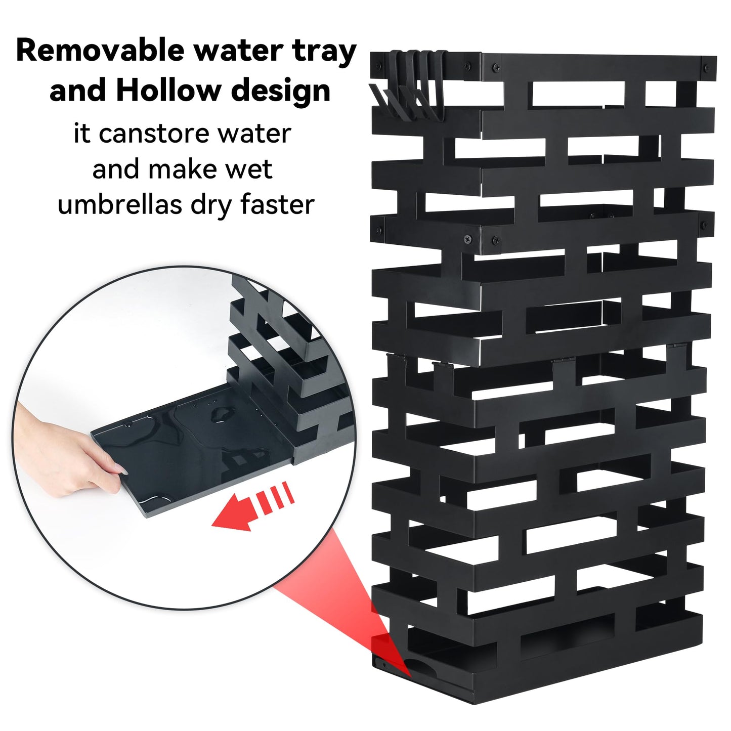 Invech 23 Inch Umbrella Holder for Indoor Entryway, Large Metal Umbrella Stand with Removable Water Tray and Hooks, Umbrella Rack Storage for Home, Office, Hotel