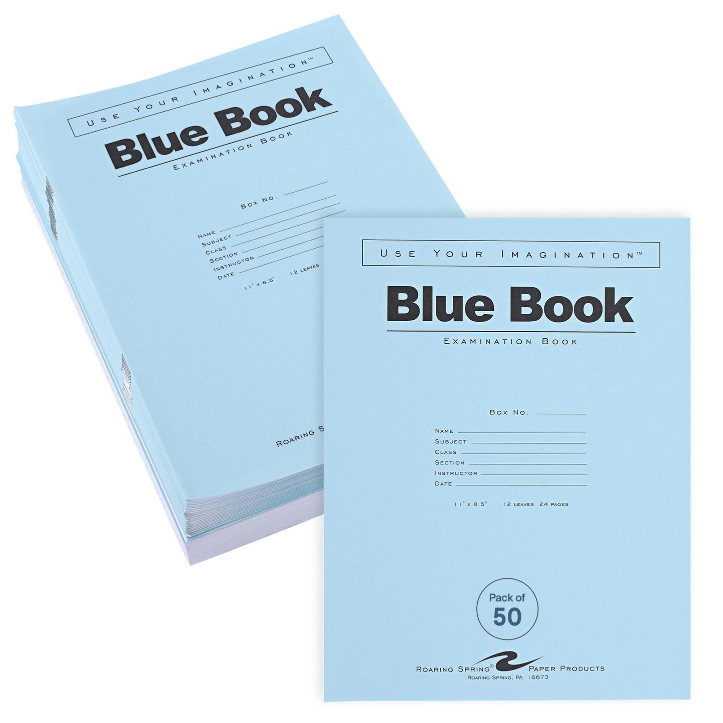 ROARING SPRING Exam Blue Books, 50 School Examination Booklets, 11" x 8.5", 12 Sheets/24 Pages, Wide-Ruled with Margin Student Testbook, Made in USA