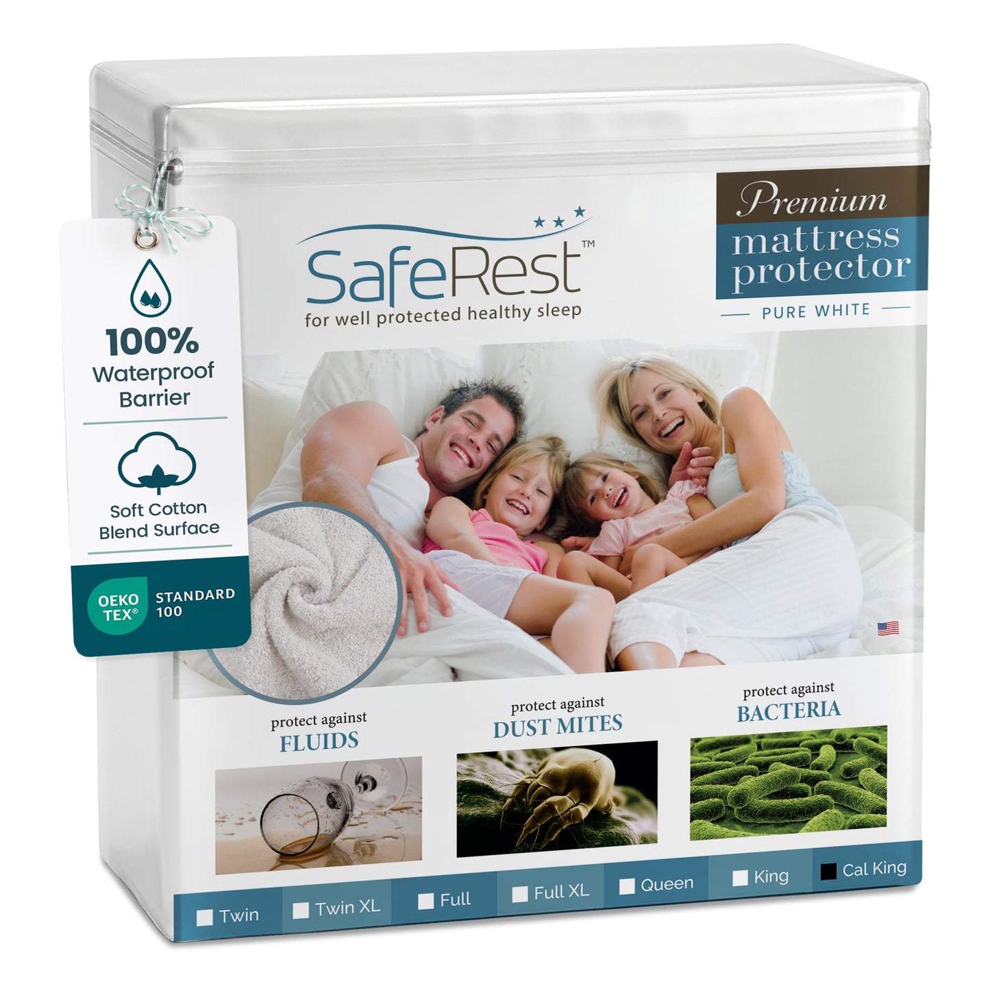 SafeRest Waterproof California King Size Mattress Protector - Fitted with Stretchable Pockets - Machine Washable Cotton Blend Mattress Cover for Bed