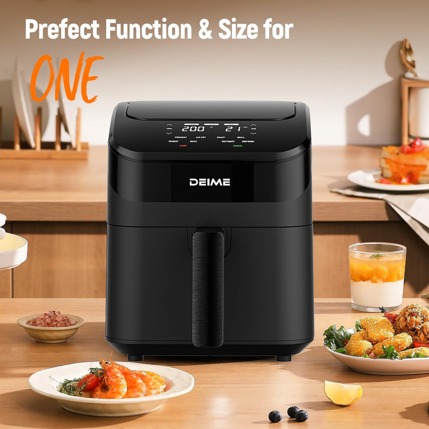DEIME Air Fryer 3 Qt, Small Airfryer Digital Space Saving Compact, Bake, Reheat, Roasts for Quick Easy Meals, Mini Compact & Quiet, Nonstick & Dishwasher Safe Basket (Black-4.5QT)