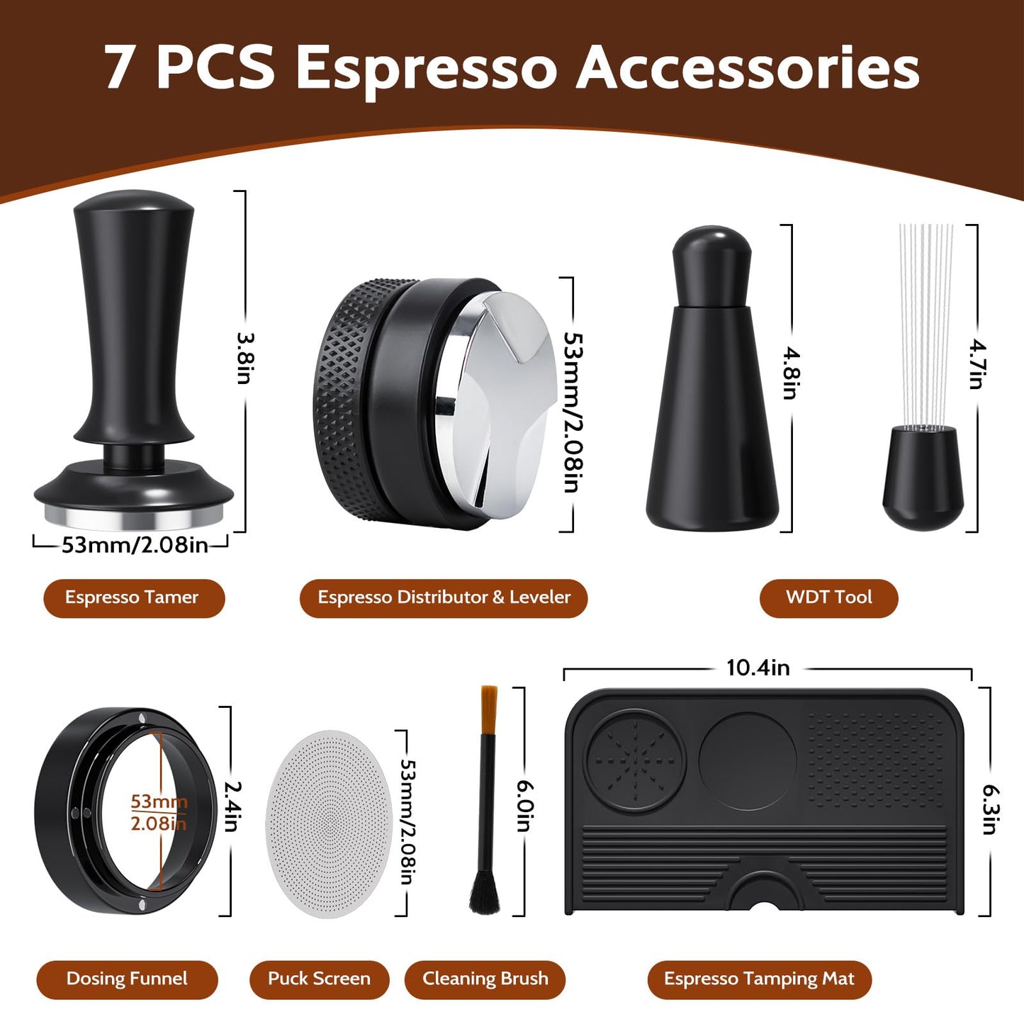 7 PCS Espresso Accessories, 54mm Espresso Tamper Tools, Coffee Distributor, WDT Tool Espresso Machine Accessories, Food Grade Silicone Espresso Tamping Mat, Dosing Funnel, Cleaning Brush & Puck Screen