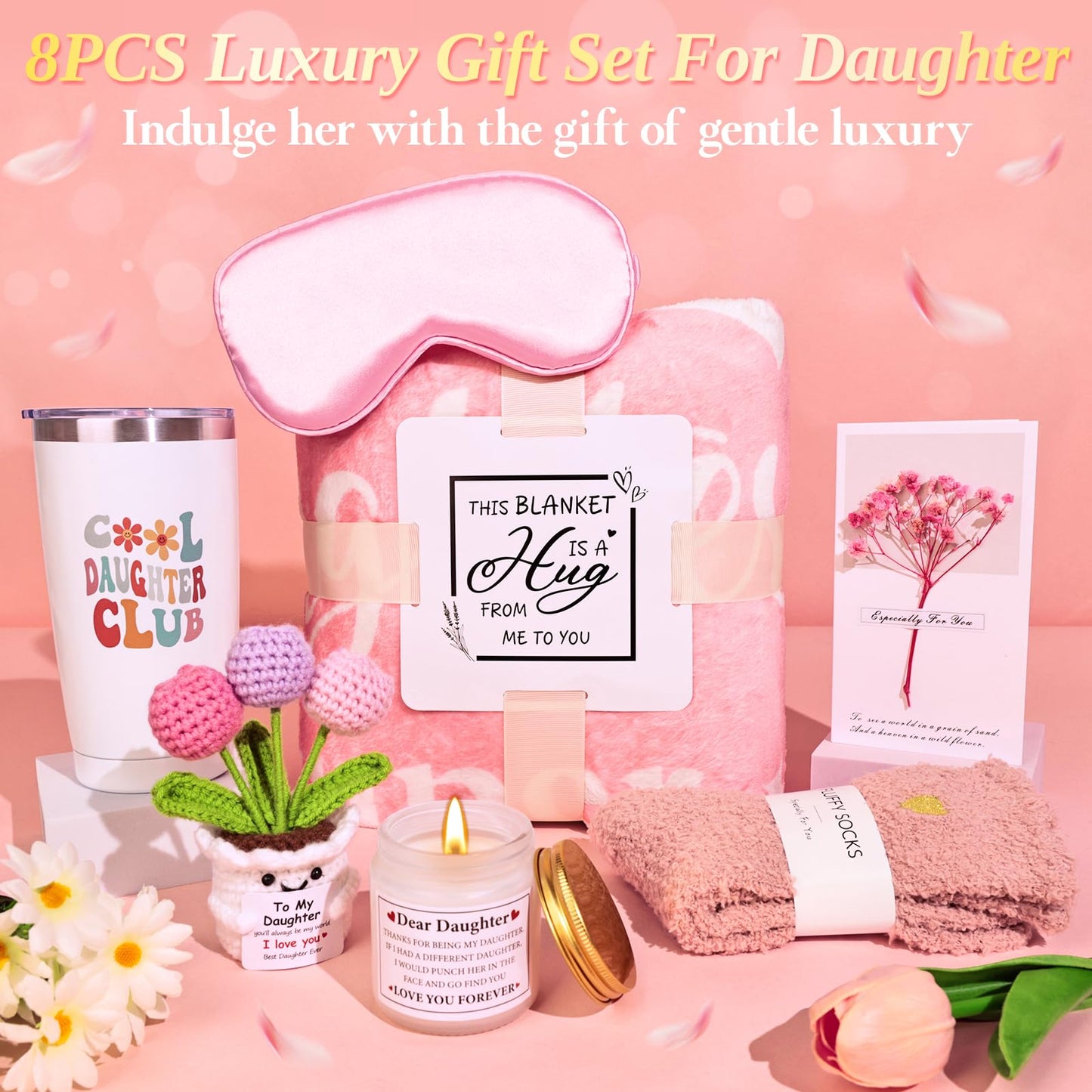 Mother's Day Basket Gifts for Adult Daughter, Best Daughter Ever Gifts,Unique Birthday Basket for Girl from Mom Dad with 50"x 60" Daughter Throw Blanket,Tumbler,Handmade Crochet Flower