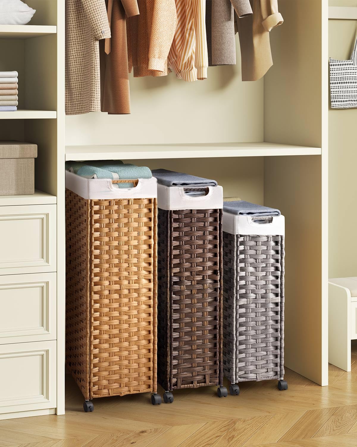 Greenstell Laundry Hamper with Wheels, 11.9 Gallon (45L) Small Clothes Hamper with 2 Removable Liner Bags & 2 Mesh Bags, Slim Rattan Laundry Basket for Bathroom, Bedroom, Natural