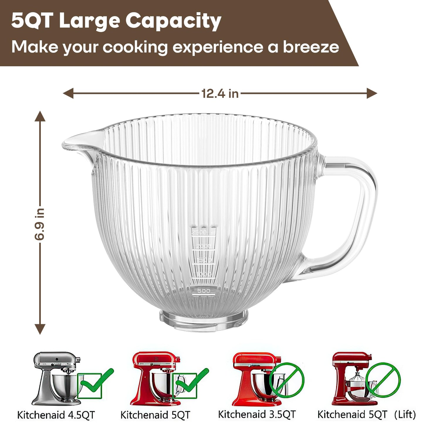 Glass Kitchen Aid Mixing Bowl, 4.5-5 Quart Tilt-Head for Kitchen Aid Glass Mixer Bowl, Pour Spout & Measurement Markings, Dishwasher Safe