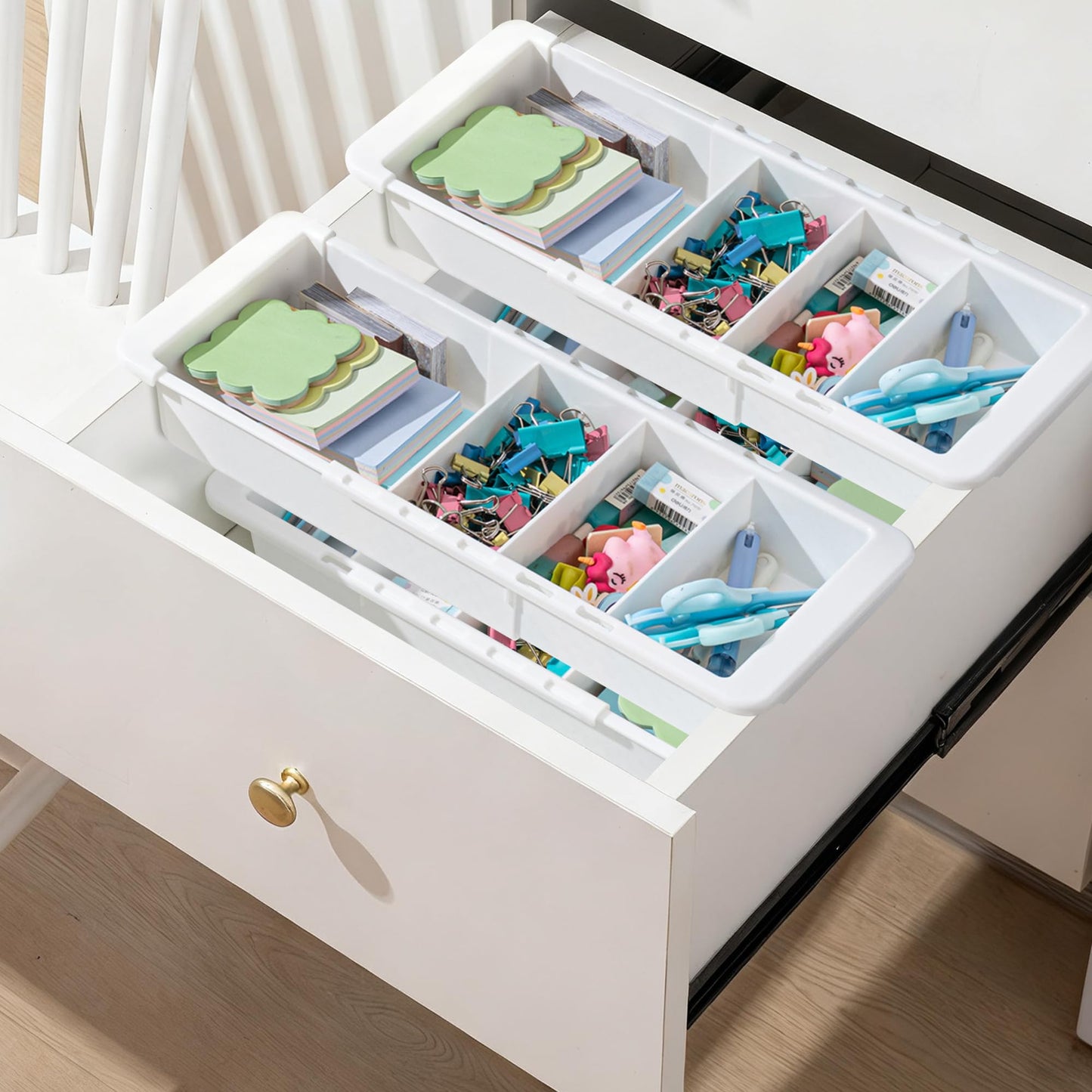 BrightRow 4 Pcs Expandable Drawer Organizer Bins Adjustable Deep Drawer Hanging Organizer Tray Expandable 11.4 to 18.1 Inches Plastic Dividers Storage for Office Bathroom Bedroom Kitchen Desk, White