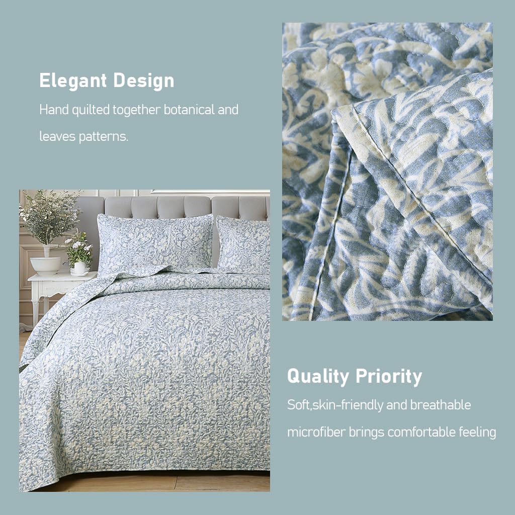 DURLENGEN Quilt Set California King Size 3Pcs,Bluish Grey Printed with Beige Leaves Pattern,Soft Microfiber Lightweight Bedspread for All Season Layering(112x104,Beige Botanical)