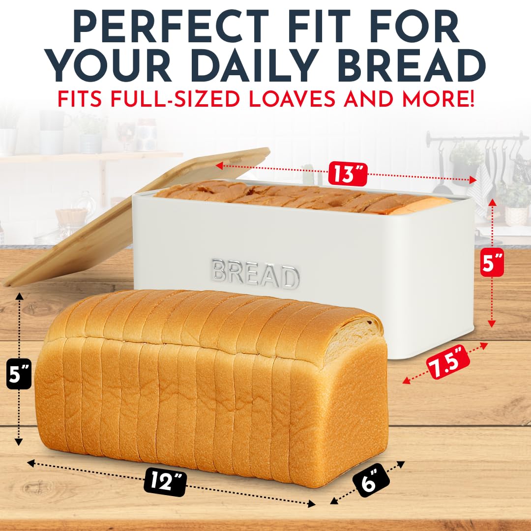 Culinary Couture White Bread Box for Kitchen Countertop with Bamboo Lid - Large BreadBox for Homemade Bread - Storage BreadBox with Cutting Board Lid
