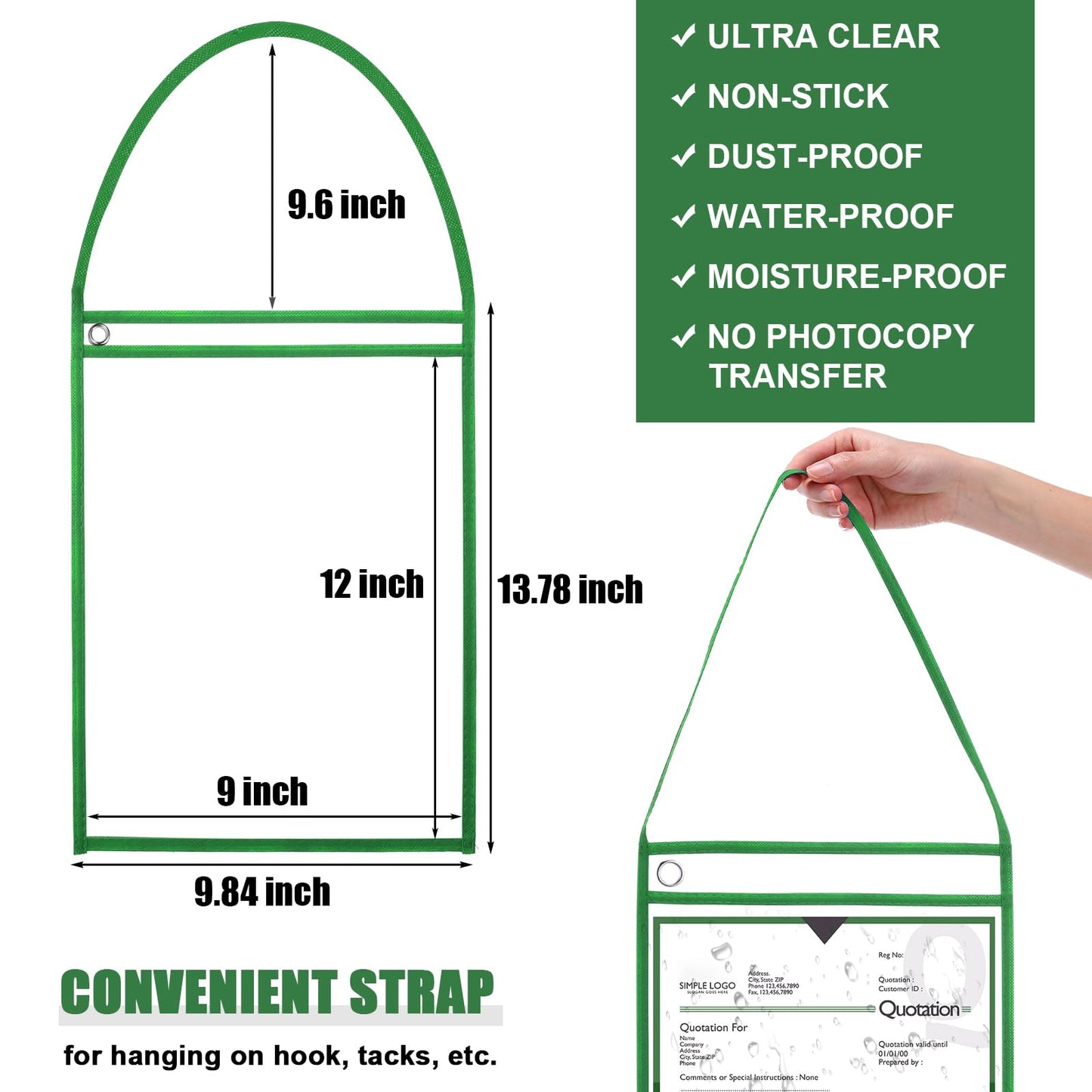 Epakh 30 Pack Office Products Shop Ticket Holders with Hanging Strap 9 x 12 Inches, Dry Erase Pockets, Job Ticket Holders, Both Sides Clear, Welcome to Work Order(Green)