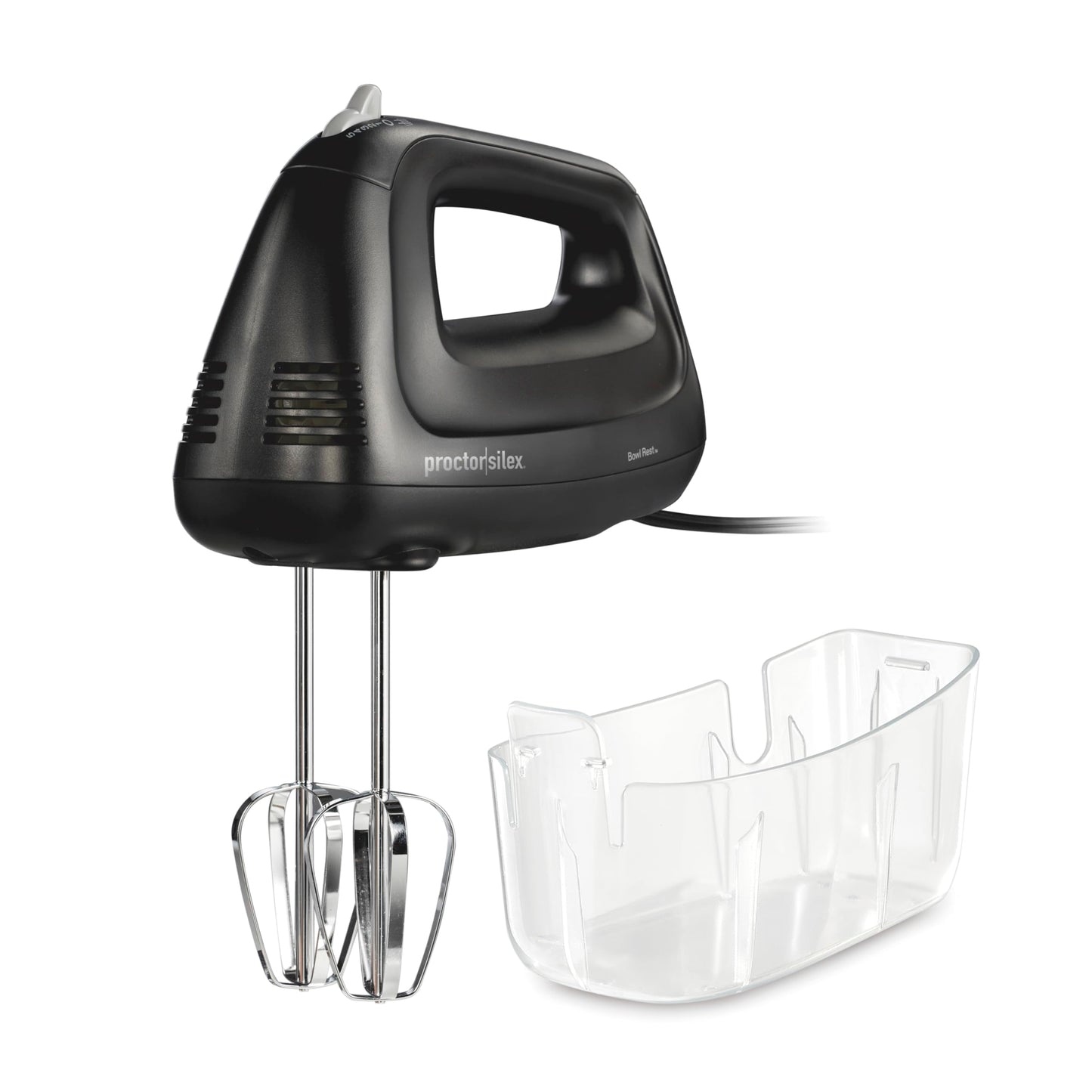 Proctor Silex Easy Mix 5-Speed Electric Hand Mixer with Bowl Rest, Compact and Lightweight, 215 Watts of Peak Power, Storage Case, Black (62512)
