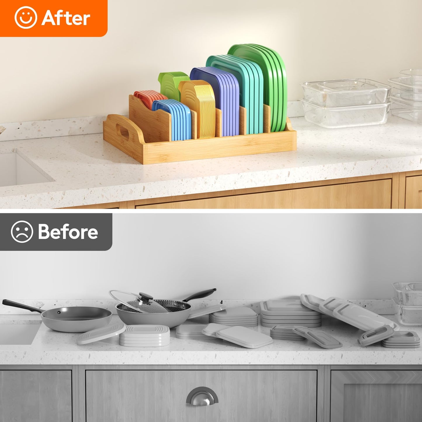Lifewit Bamboo Lid Organizers for Inside Cabinet, Food Storage Container Lid Holder with 5 adjustable Inserts & 6 Sections, Kitchen Pantry organizer and storage, Large, 13.2" x 10"/34 x 25cm
