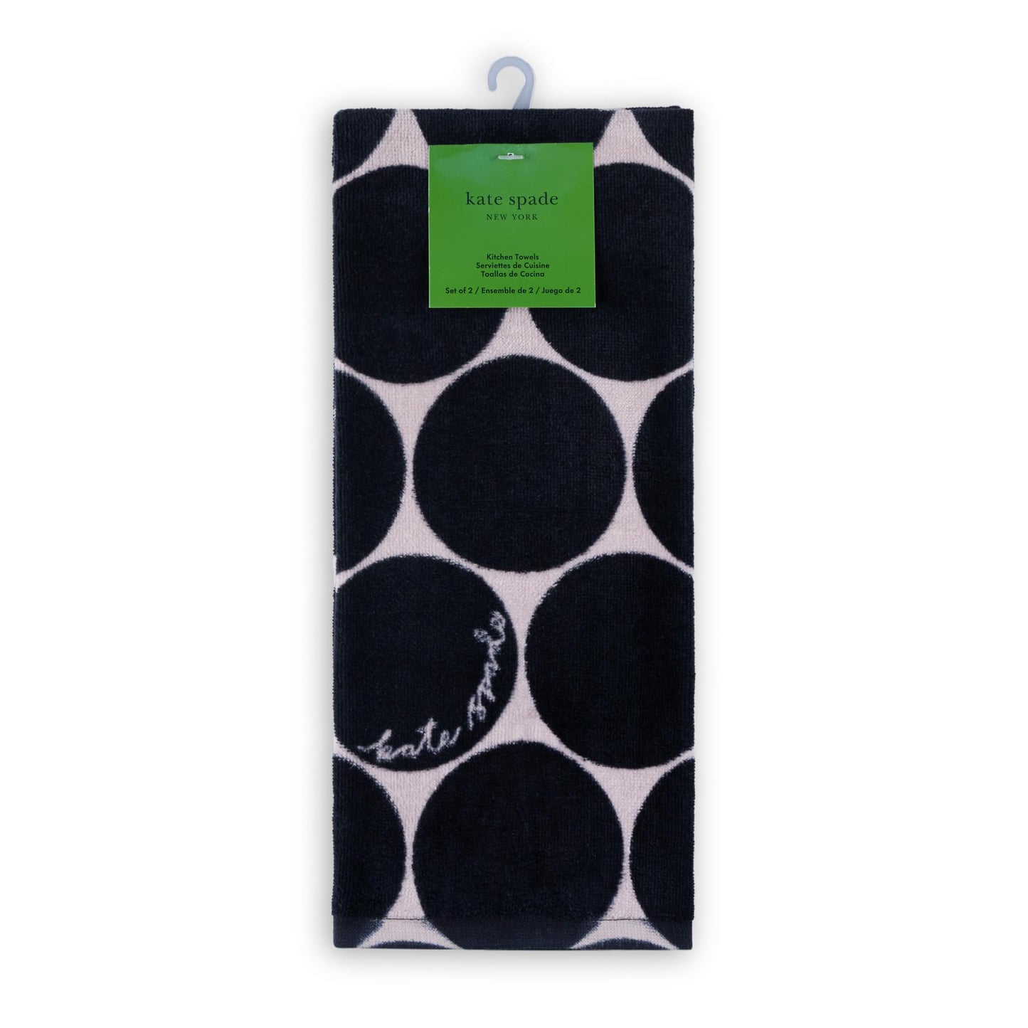 kate spade new york Joy Dot Kitchen Towels 2-Pack Set, Absorbent 100% Cotton Velour, Black/Beige, 17"x28"