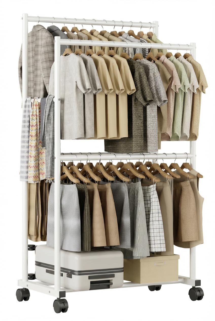 Heavy Duty Clothes Rack - 41.3" x 21.7" x 76.8", 4-Bar Double Rod Rolling Metal Clothing Rack for Hanging Clothes, Portable Garment Rack with Wheels for Bedroom Laundry, Closet Wardrobe, White