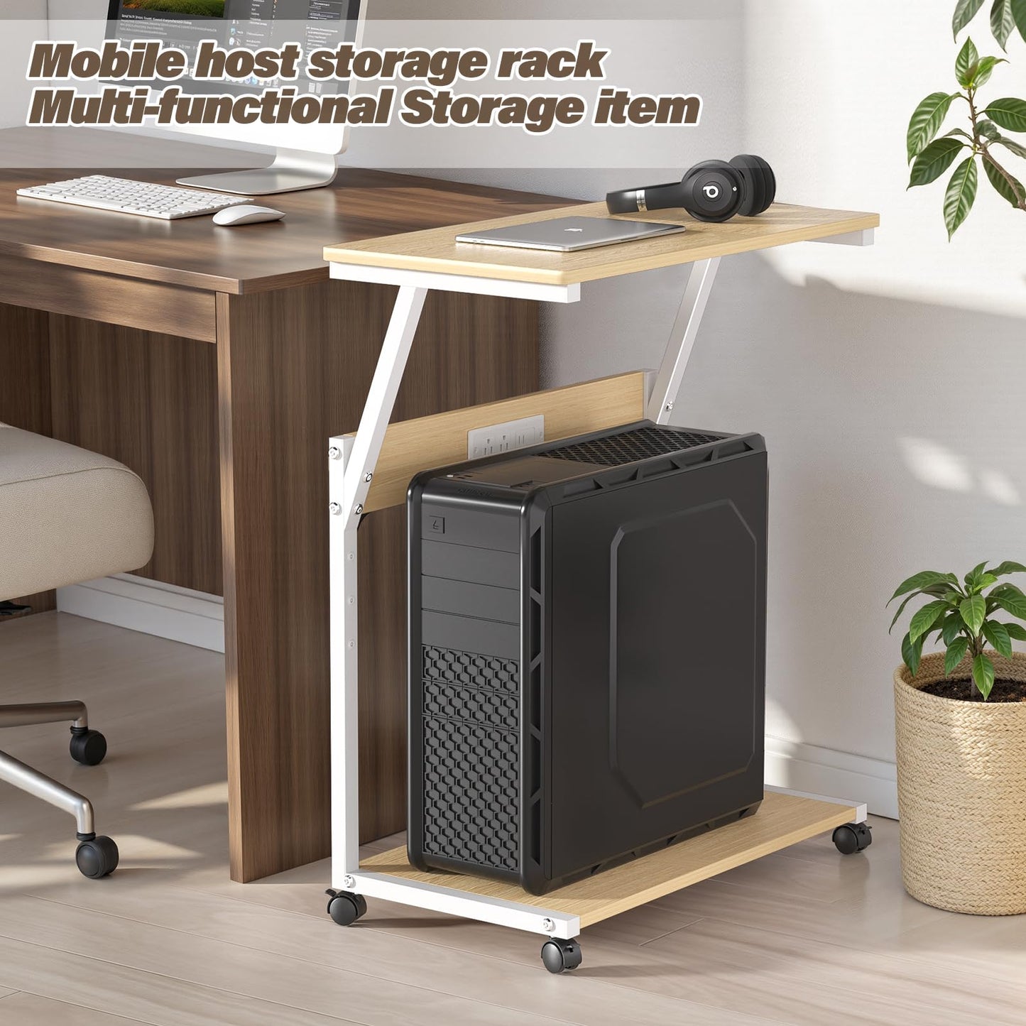 FANXIYQ Computer Tower Stand with 360° Locking Casters, 5 Height Adjustable Mobile CPU Cart, Under Desk PC Holder for Gaming Desktop, Home Office Organization, White
