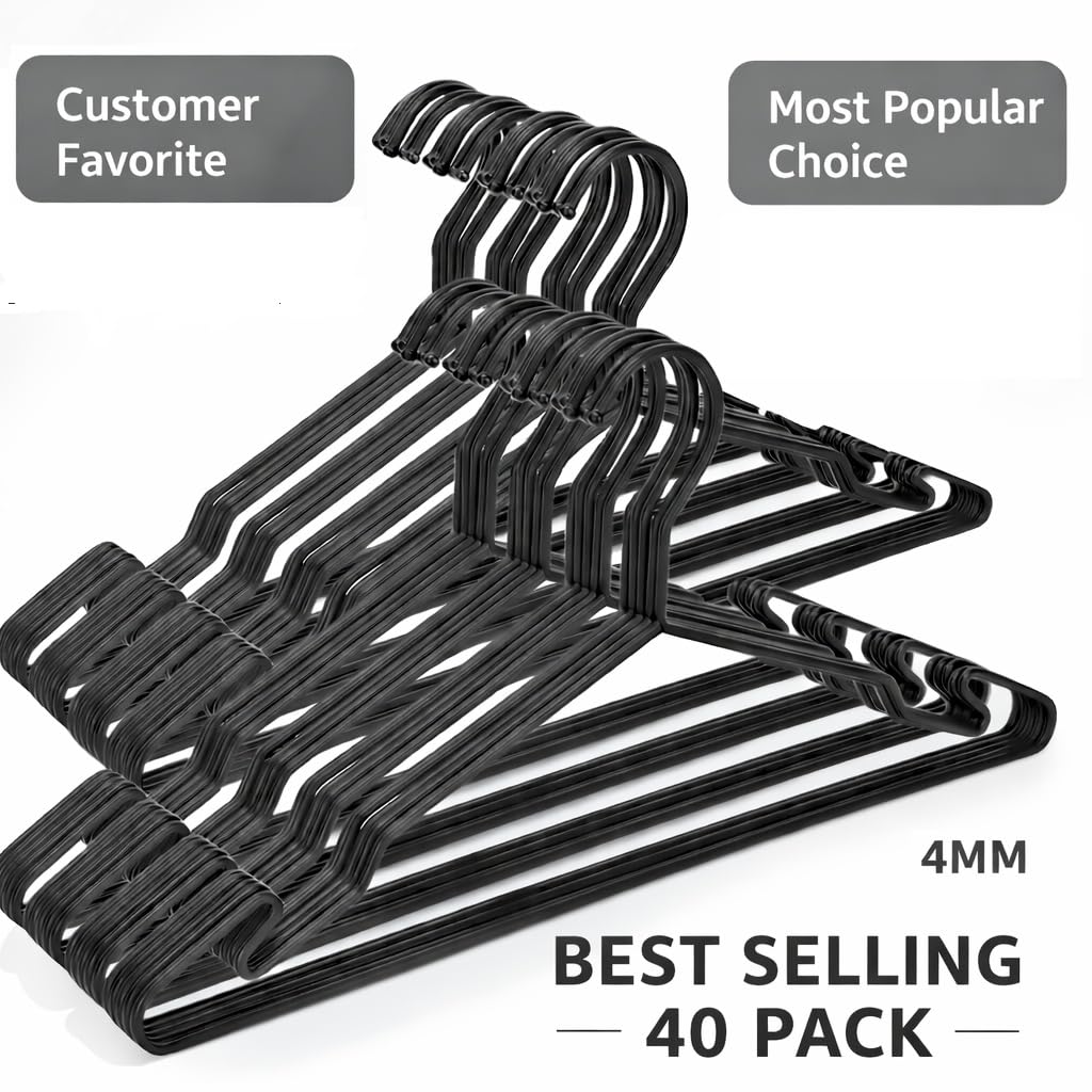 MLMD Lux Heavy Duty Metal Hangers with Unique Hook Design Durable & Sturdy Coat Hangers 4mm Thick Withstands 25lbs Weight Smooth Powder Coated Finish Compact Shirt Hangers - 40 Pack Black
