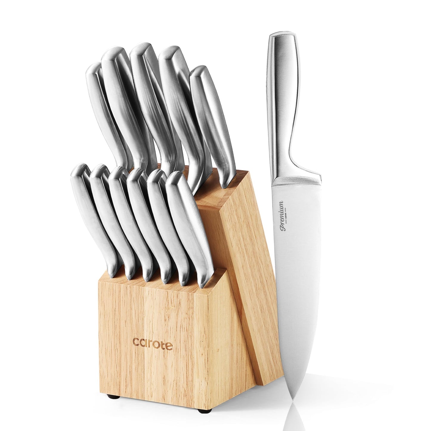 CAROTE 12-Piece Knife Set, All-Stainless Steel Knife Block Set, Kitchen Knives with Wooden Block, Razor-Sharp and Ergonomic, Easy Cleaning