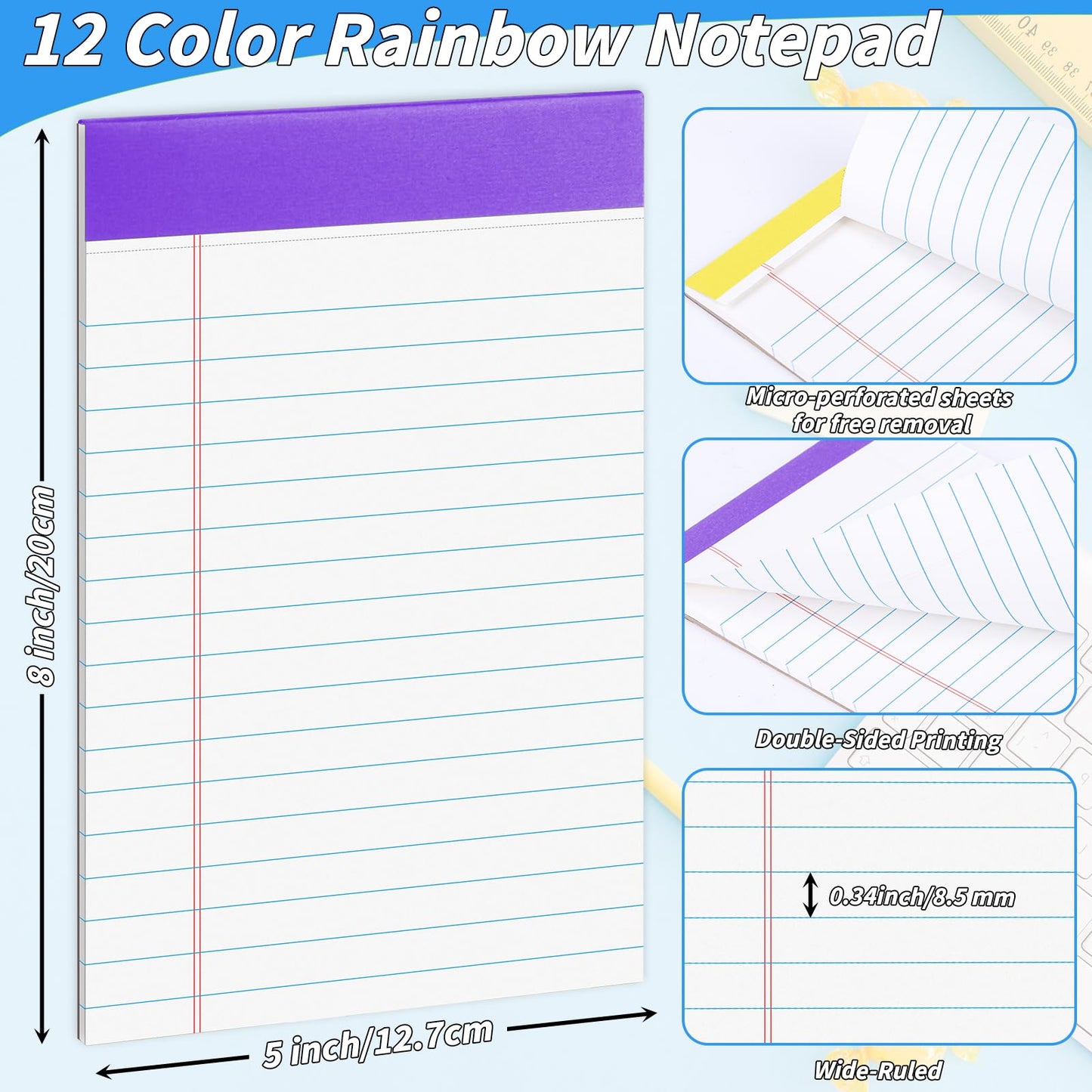 36 Pack Legal Pads Bulk, 5x8 Inch Rainbow Notepad, Note Pads Wide Ruled Perforated Memo Pad for Work Study Daily Note Taking List, Lined Writing Pads Memo Refills Notepads for Office Home School