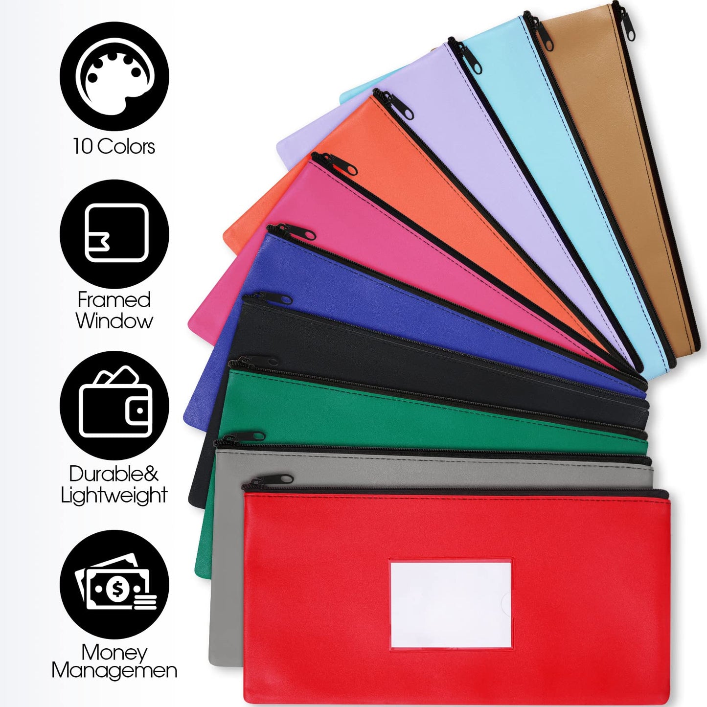 30 Pieces Money Bank Bag with Zipper Pouch for Cash 11 x 6 Inch Security Bank Deposit Bag with Clear Window Leatherette Money Cash Coin Wallet(Multicolor)