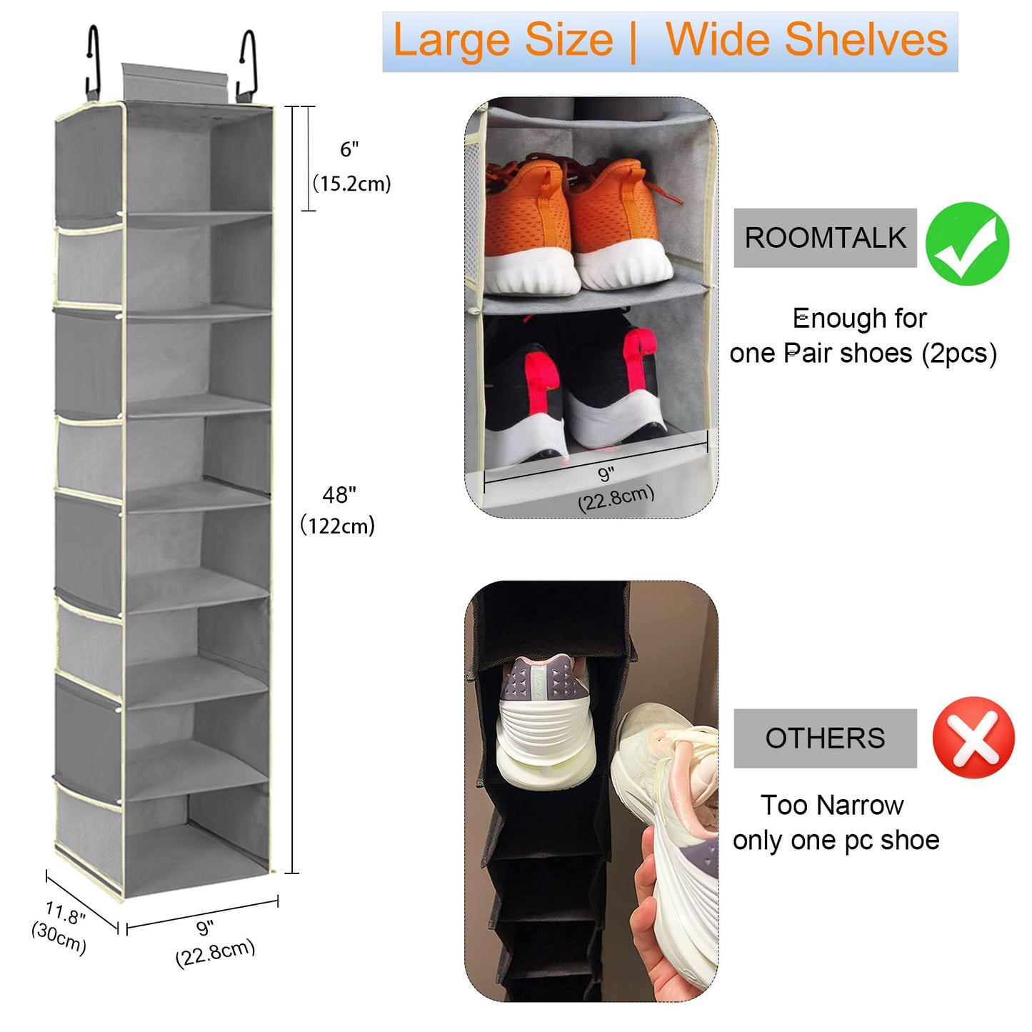 roomtalk Large-Sized Hanging Shoe Organizer 8-Shelf, Hanging Closet Organizer with 8 Side Pockets, Wider Hanging Shelves for Storage Shoes Clothes 9" W × 11.8" D× 48" H, Grey