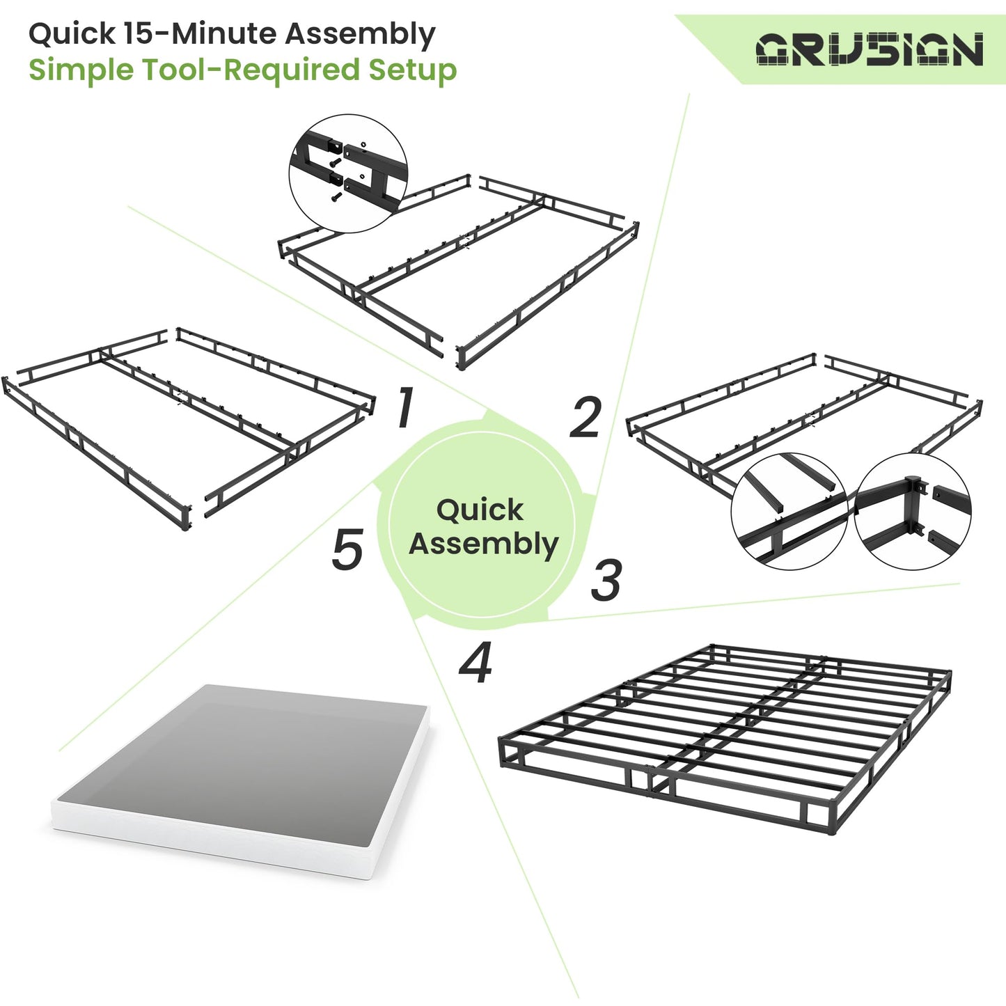 GRUSIGN 5 Inch Box Spring for Queen Bed, Quick Assembly Queen Size Metal Mattress Foundation with Fabric Cover, Strong Steel Frame, Heavy Duty, Low Profile Bed Frame Base Cama, Queen