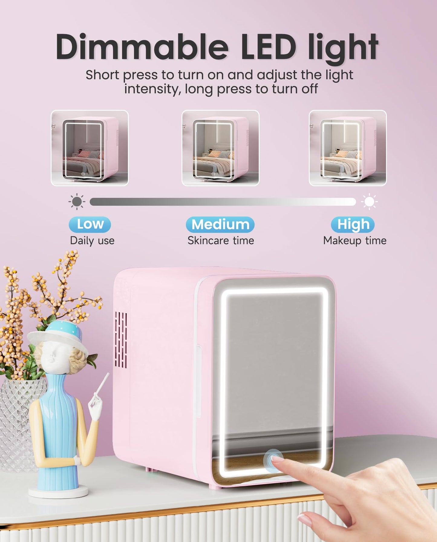 CUTIEWORLD Skincare Fridge with Dimmable LED Light Mirror, 4L Mini Fridge For Desktop, Travel or Cool & Heat, Makeup Fridge for Cosmetics, Skin Care and Food, Pink