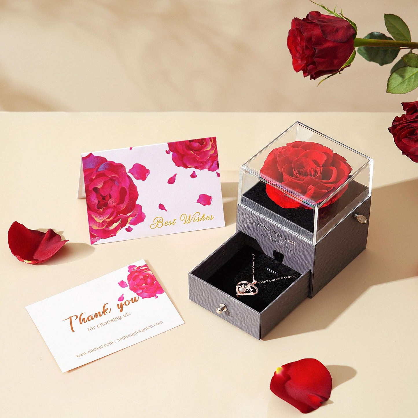 ADDWel Gifts for Mom Birthday Mothers Day, Real Preserved Rose Gift with I Love You Mom Necklace and Music Box You are My Sunshine, Timeless Elegant Gifts from Husband Son or Daughter for Moms Bday