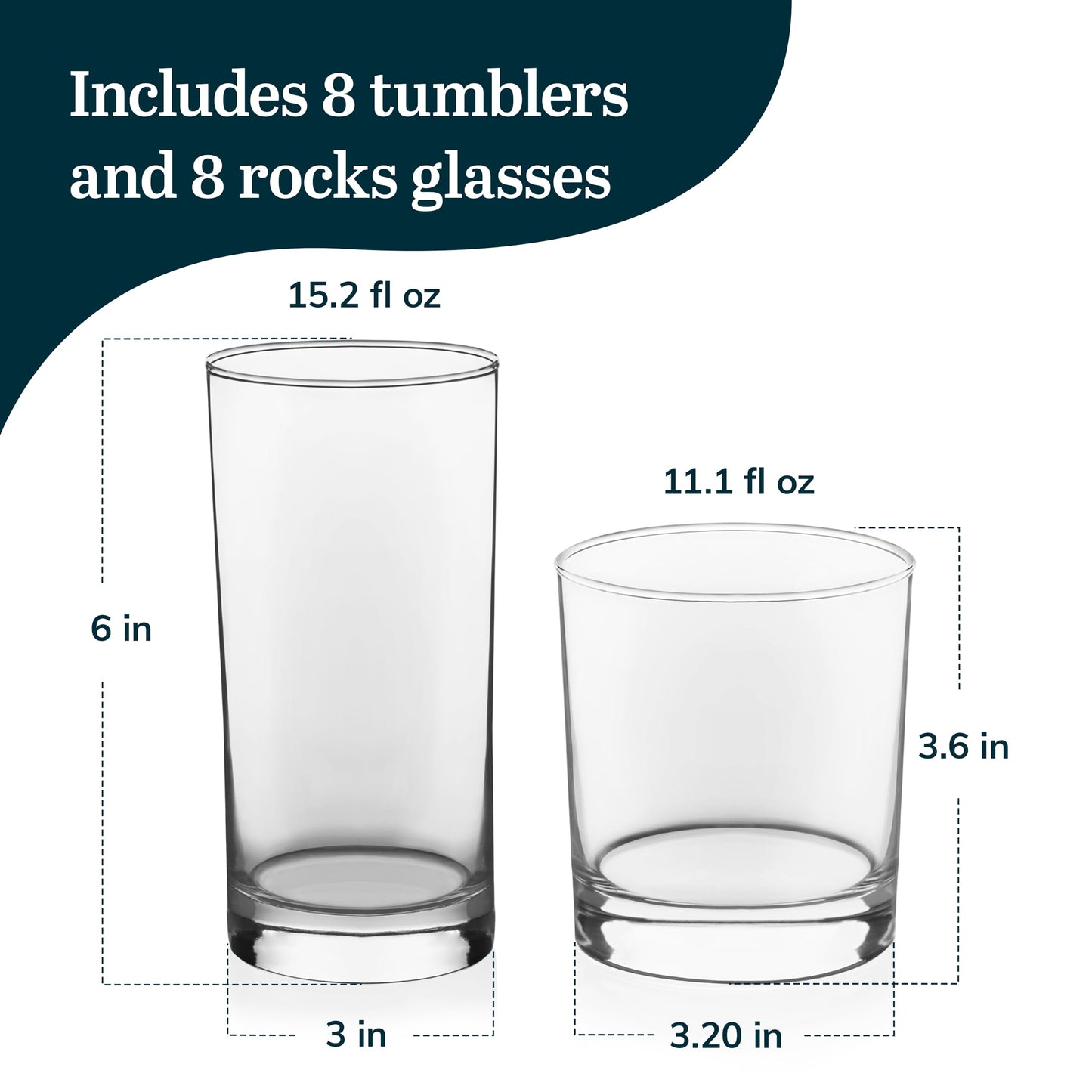 Libbey Province Tumbler and Rocks Glass Set, Elegant Drinkware Glasses Set of 16, Tall Drinking Glasses for Everyday Use or Any Special Occasion