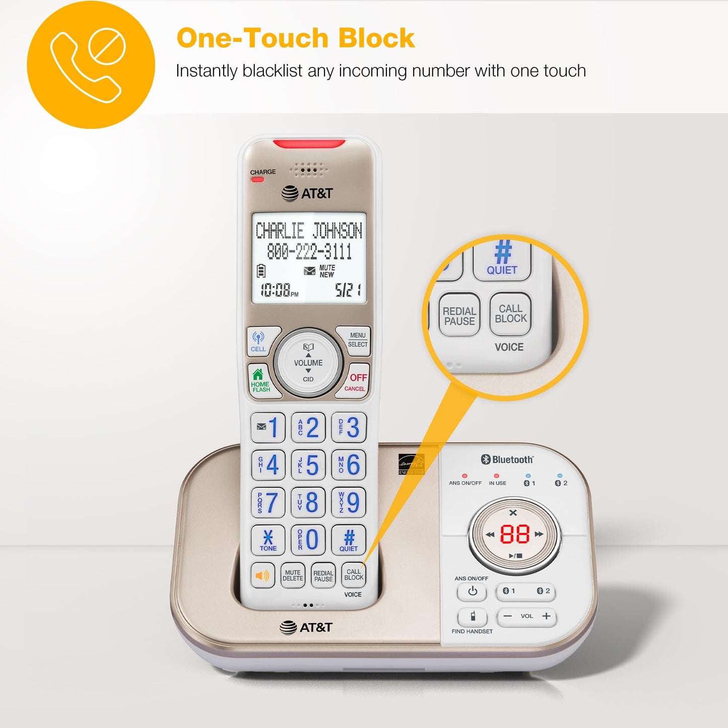 AT&T BL3112 Cordless Home Phone – 1 Handset, Bluetooth to Cell, Smart Robocall Blocker (1,000), Digital Answering, Expandable