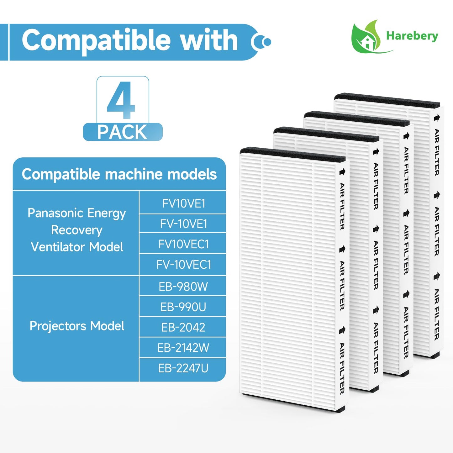 Harebery 4 Pack FV10VE1 Air Filter Replacement Compatible with Panasonic Energy Recovery Ventilator FV10VE1, FV-10VE1, FV10VEC1, FV-10VEC1, FV10VEC2