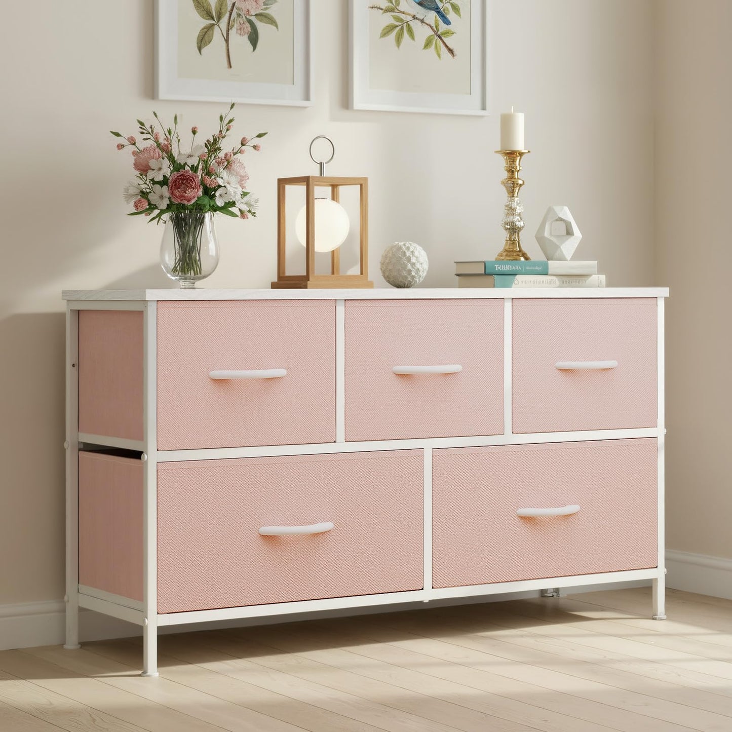 OLIXIS Dresser for Bedroom with 5 Drawers, Wide Chest of Drawers, Fabric Bedroom Dresser with Drawer Organizer, Storage Organizer Unit with Fabric Bins for Closet, Living Room, Hallway, Pink