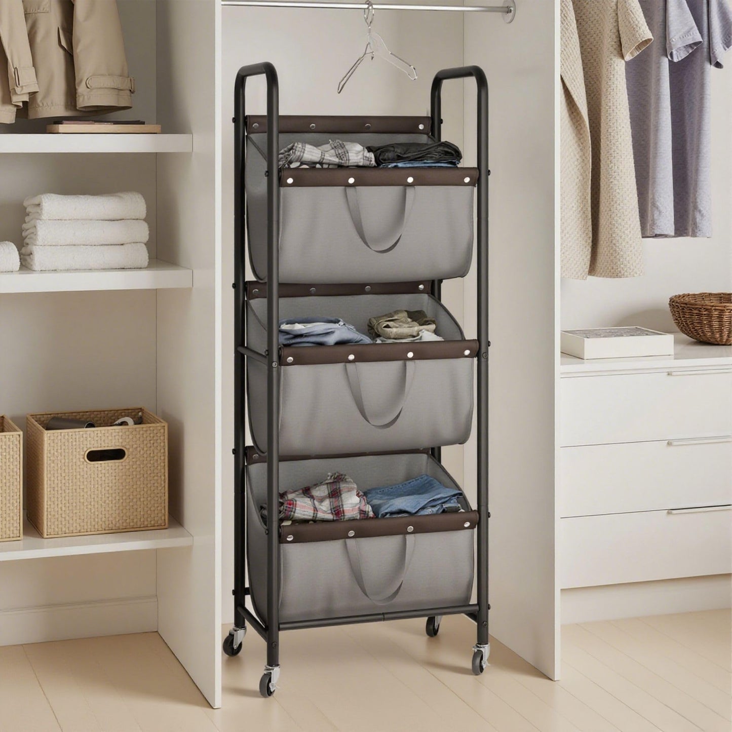 GRANNY SAYS 3 Tier Laundry Sorter, Laundry Hamper with Wheels, Laundry Room Organization and Storage, 3 Section Rolling Laundry Cart for Dorm, Bathroom, Bedroom, Closet, Grey