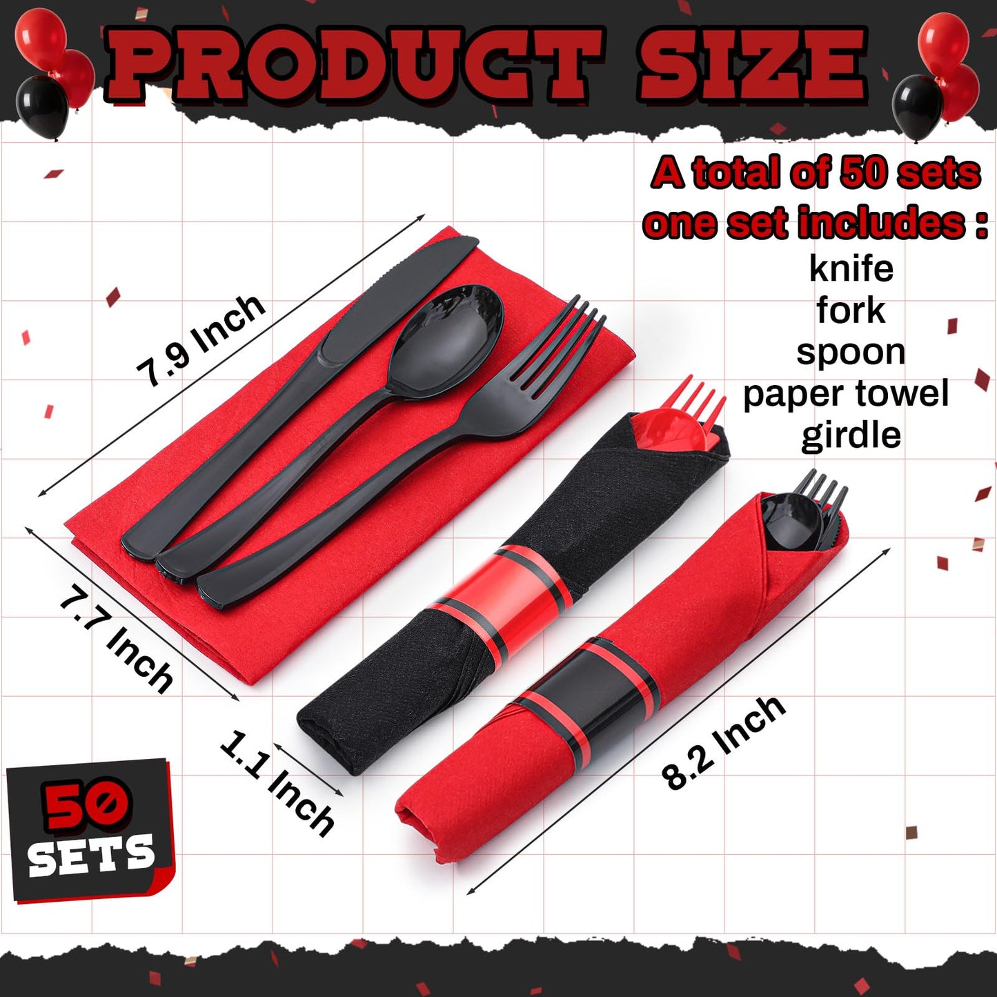 Lasnten 200pcs Pre-rolled Red and Black Plastic Silverware Set for 50 Guest Disposable Plastic Cutlery Set with Napkins for 2026 Graduation Red and Black Birthday Party Retirement Party Supplies